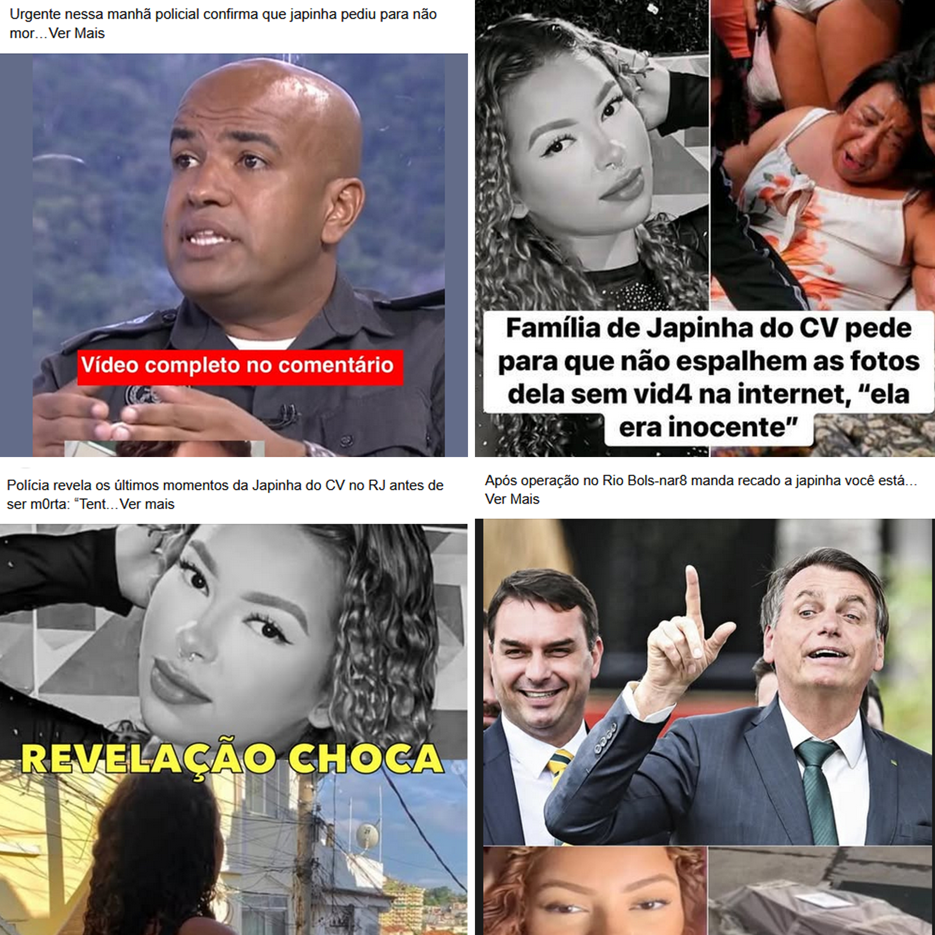 Uma colagem de quatro imagens apresenta, no quadrante inferior direito, os políticos Jair Bolsonaro e Flávio Bolsonaro. Jair Bolsonaro, um homem de pele branca e cabelo castanho-claro, veste terno escuro, camisa branca e gravata verde e gesticula com o dedo indicador direito para cima. Ao seu lado, Flávio, um homem de pele branca e cabelo castanho-escuro, usa terno escuro, camisa branca e gravata com detalhes amarelos. O quadrante superior esquerdo exibe o torso de um homem de pele parda e cabeça calva, que veste um uniforme escuro de manga curta e parece estar falando. Os outros quadrantes contêm fotos de uma mulher de pele parda e cabelo castanho, identificada em textos sobrepostos como 'Japinha do CV', e uma imagem de outra mulher em estado de angústia.