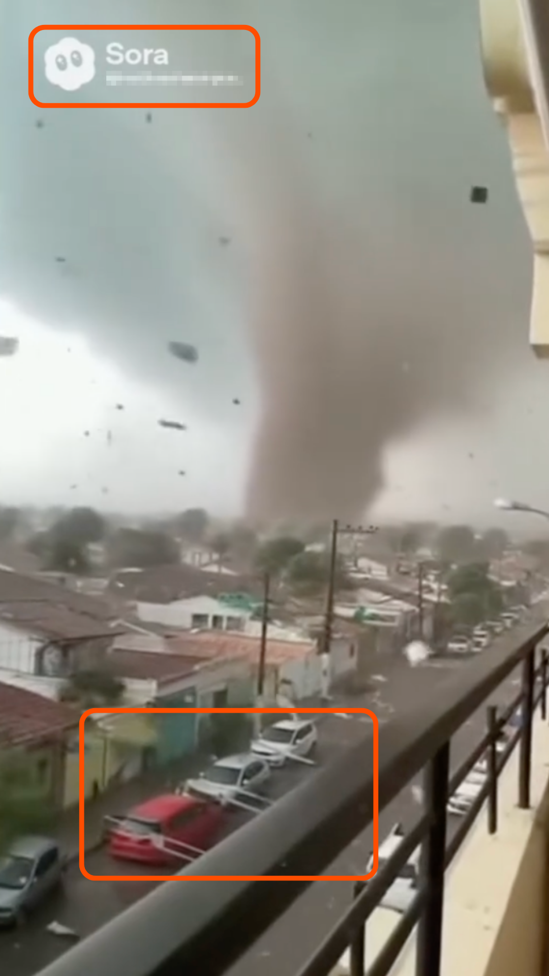 Print de publicação no TikTok com imagem gerada por IA mostra a formação de um grande funil de tornado sobre uma área urbana, com casas de telhados de diferentes cores e veículos estacionados nas ruas. O registro foi feito a partir de uma varanda com grades pretas, de onde é possível ver destroços e detritos sendo arremessados pelo vento. No canto superior esquerdo, há a marca d’água do aplicativo Sora. O céu está encoberto por nuvens densas e escuras.