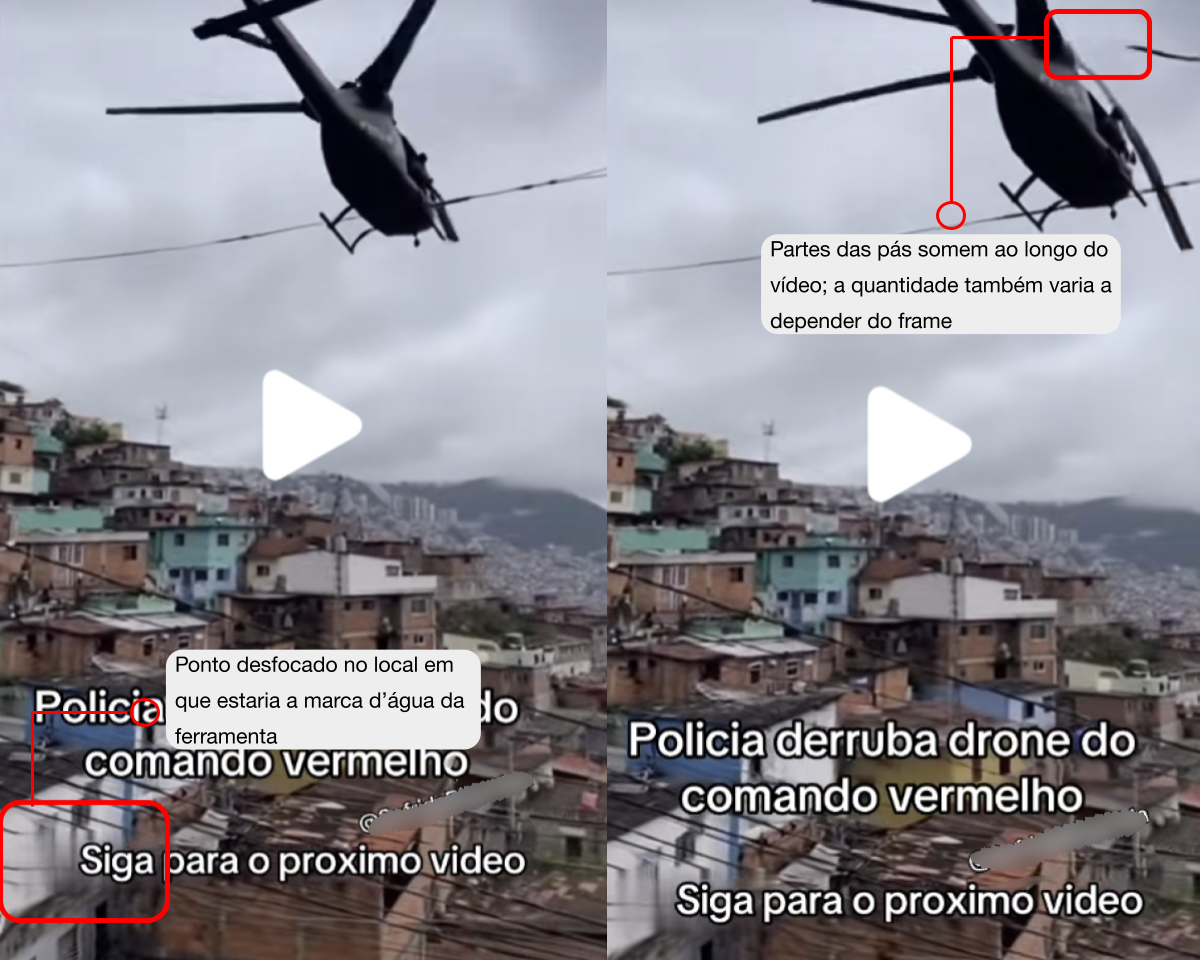 A imagem está dividida em duas partes, mostrando a mesma cena com pequenas diferenças. Em ambas, há um helicóptero sobrevoando uma área com várias casas construídas em um morro, com paredes em tons de verde, azul, marrom e branco. O céu está nublado. Há fios de eletricidade cruzando a imagem. No centro das duas partes, aparece um ícone de reprodução em forma de triângulo branco. Na parte inferior, há o texto 'Policia derruba drone do comando vermelho' e logo abaixo 'Siga para o proximo video'. Em cada lado da imagem, há marcações retangulares em vermelho destacando diferentes pontos inconsistentes — uma na parte inferior esquerda e outra na parte superior direita.