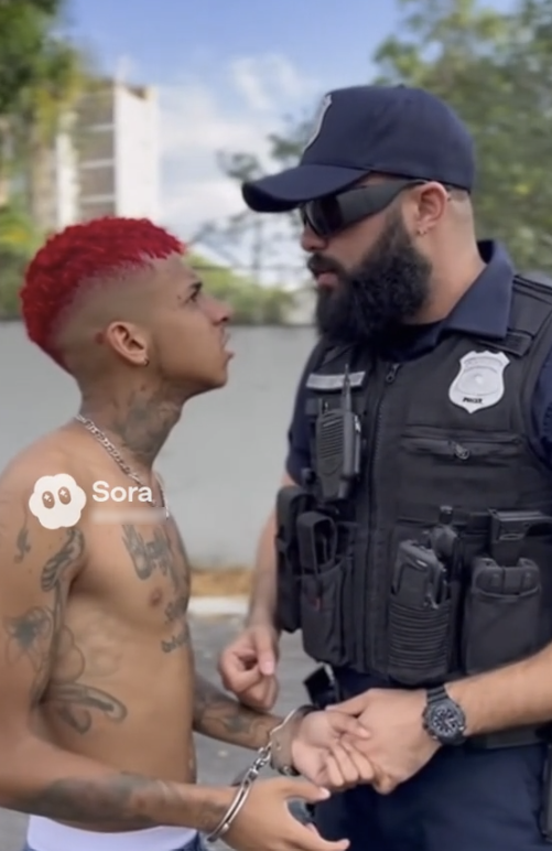 A imagem mostra um homem sem camisa, com cabelo vermelho e várias tatuagens nos braços e no peito, algemado e de frente para um policial. O policial usa uniforme escuro, colete tático, óculos escuros e boné e segura as algemas do homem com uma das mãos. Ao fundo, há uma parede clara e árvores, e no canto esquerdo da imagem aparece o logotipo da ferramenta 'Sora'.
