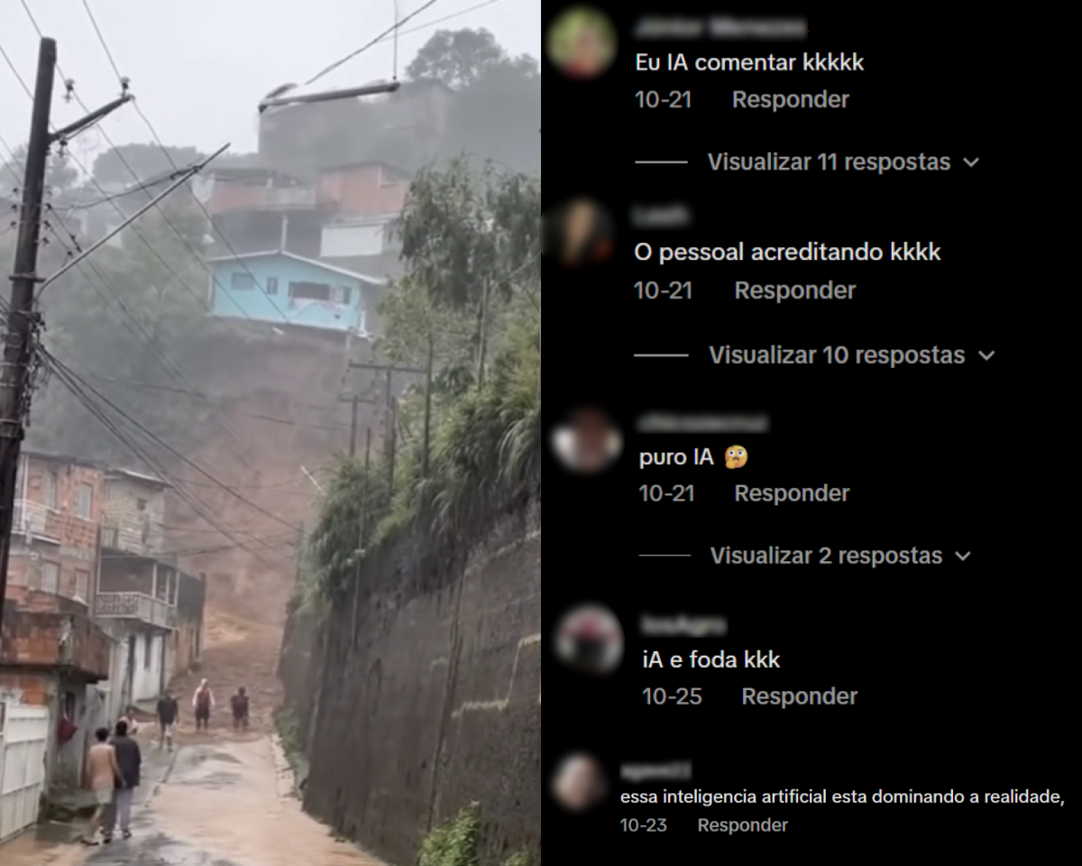 A imagem está dividida em duas partes. À esquerda, está o frame de um vídeo gerado por IA. Nele aparece uma rua estreita em uma área com morros e casas simples. No topo do morro, há uma encosta com terra exposta e uma casa azul parcialmente à beira do barranco. Chove e a rua está molhada; algumas pessoas caminham ou observam a cena. À direita, há uma captura de tela de comentários no TikTok, com mensagens de usuários dizendo: ‘Eu IA comentar kkkkk’, ‘O pessoal acreditando kkkk’, ‘puro IA’, ‘iA é foda kkk’ e ‘essa inteligencia artificial está dominando a realidade’.