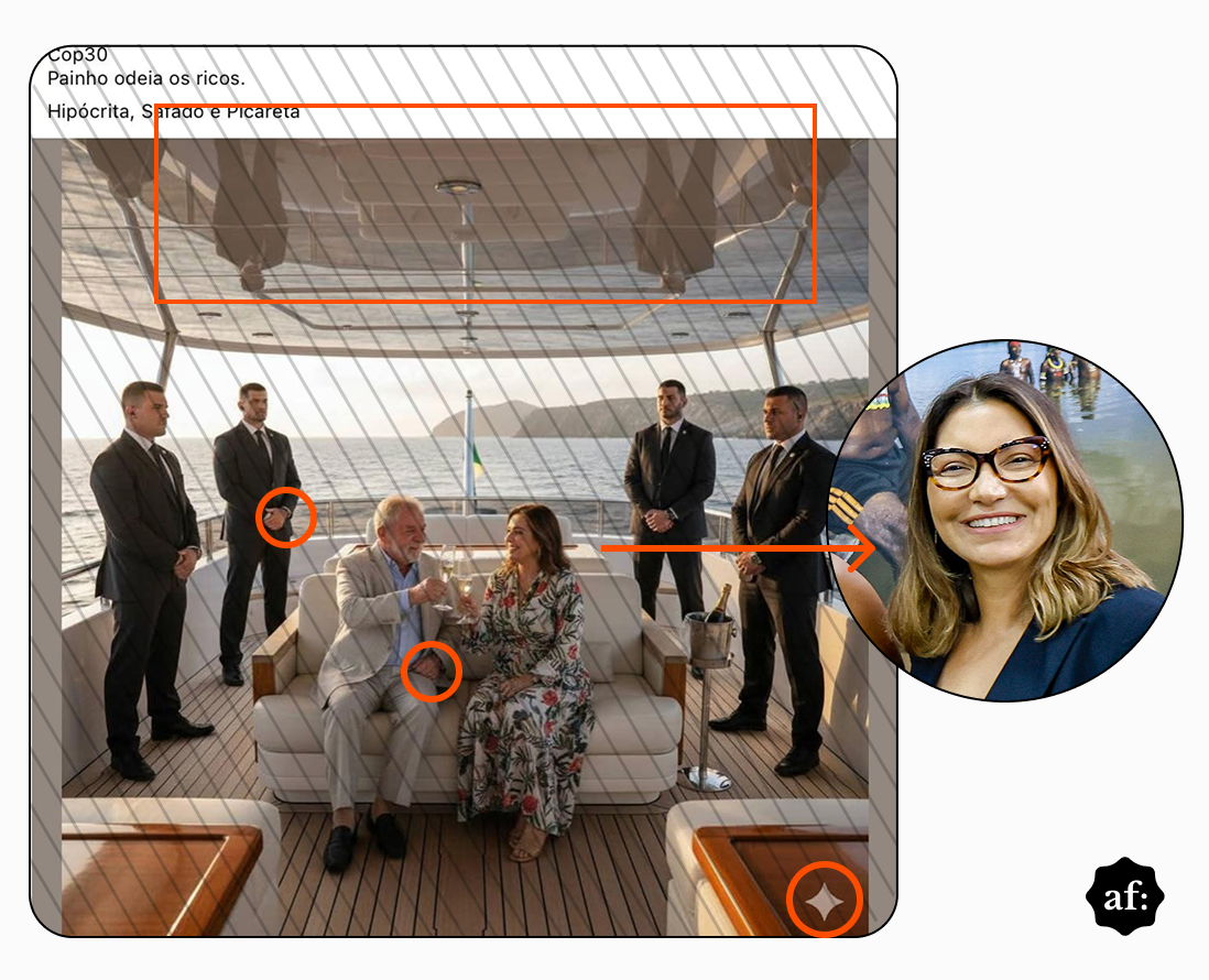 Print de publicação no Facebook mostra uma cena gerada por inteligência artificial que simula o presidente Lula — homem branco de cabelos e barba grisalhos, que usa paletó bege e camisa azul — sentado ao lado da primeira-dama Rosângela da Silva — mulher branca de cabelos castanhos, que veste um vestido estampado. Ambos fazem um brinde com taças em um barco, com o mar e montanhas ao fundo. Atrás deles, quatro seguranças de terno preto estão em pé, e uma garrafa de espumante aparece em um balde de gelo sobre a mesa. A imagem contém marcações que destacam áreas como o teto espelhado, as mãos dos seguranças e o brinde do casal. Há um destaque, também, para a comparação entre Janja e a mulher na imagem, que não são a mesma pessoa.