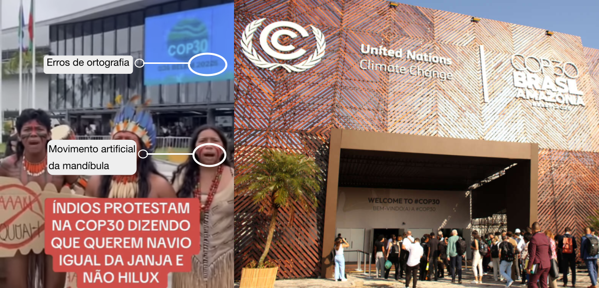 A imagem está dividida em duas partes, lado a lado. A parte esquerda mostra três pessoas usando cocares coloridos, colares e pinturas corporais. Elas aparecem na frente de um prédio com bandeiras hasteadas e um grande painel azul com o texto 'COP30' e 'Belém 2025'. Sobre a imagem há anotações em bolhas brancas com setas apontando para pontos específicos. Na parte superior, uma bolha indica 'Erros de ortografia'. Na altura do rosto de uma das pessoas, outra bolha indica 'Movimento artificial da mandíbula'. Na parte inferior, há um quadro vermelho com letras brancas contendo o texto: 'ÍNDIOS PROTESTAM NA COP30 DIZENDO QUE QUEREM NAVIO IGUAL DA JANJA E NÃO HILUX'. N parte direita aparece a fachada de uma construção grande com revestimento geométrico em tons de marrom. Na parte superior está o logotipo da ONU e o texto 'United Nations Climate Change'. À direita aparece o texto 'COP30 BRASIL AMAZÔNIA Belém 2025'. Abaixo, há uma entrada ampla onde pessoas estão entrando e circulando. Acima da entrada está escrito 'WELCOME TO #COP30 BEM-VINDO(A) À #COP30'.
