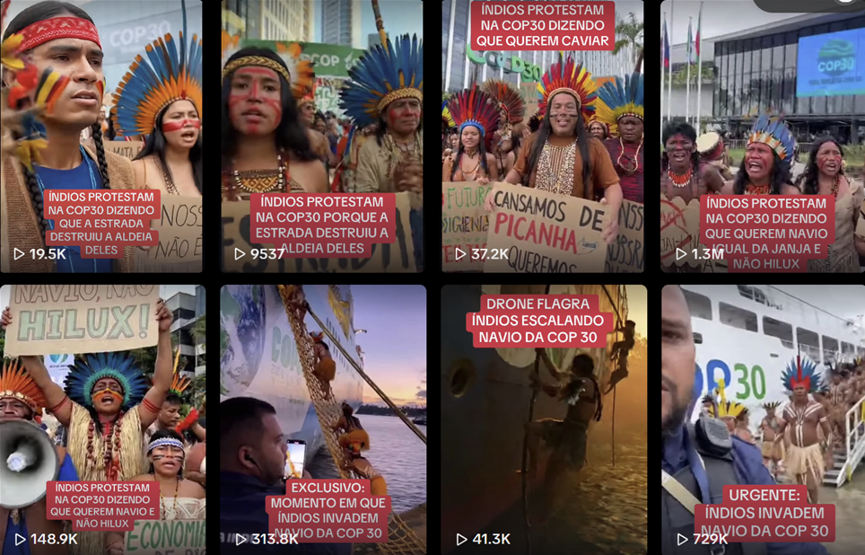 A imagem mostra uma grade com oito miniaturas de vídeos, dispostas em duas linhas e quatro colunas. Todas as miniaturas exibem grupos de pessoas vestidas com pinturas corporais, cocares coloridos e adornos tradicionais, segurando cartazes. Na primeira linha, a primeira miniatura (à esq.) mostra um homem de cocar azul e laranja, ao lado de outros indivíduos. Há um texto sobreposto dizendo que indígenas estariam protestando contra uma estrada que destruiu a aldeia. A segunda miniatura mostra duas pessoas com cocares e pintura facial, segurando uma placa. Há um texto sobreposto mencionando o protesto porque a estrada supostamente destruiu a aldeia. A terceira miniatura mostra um grupo com cocares coloridos; uma pessoa no centro segura uma placa escrito 'Cansamos de picanha'. A quarta miniatura mostra várias pessoas sorrindo em frente a um prédio com uma placa da COP30. O texto sobreposto diz que eles querem navios iguais ao da Janja e não uma Hilux. Na segunda linha, a quinta miniatura (à esq.) mostra pessoas com cocares levantando uma placa escrito 'Navio, não Hilux!'. A sexta miniatura mostra uma cena no pôr do sol, com um indivíduo subindo por uma corda em uma embarcação. O texto sobreposto fala em momento exclusivo em que indígenas invadem o navio da COP30. A sétima miniatura mostra a lateral de um navio branco com o logo 'COP30'. Uma pessoa aparece escalando pela lateral. O texto sobreposto fala que um drone flagrou a escalada. A oitava miniatura mostra várias pessoas descendo a escada de acesso de um navio com o logo COP30. O texto sobreposto diz 'URGENTE: índios invadem navio da COP30'.