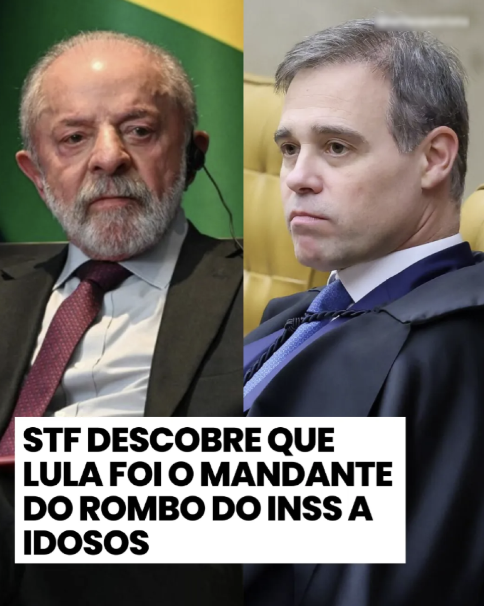 A imagem está dividida em duas partes verticais. À esquerda está o presidente Lula, um homem de barba branca e cabelo curto grisalho, usando terno escuro, camisa clara e gravata vermelha. Ao fundo, vê-se parte de uma bandeira com as cores verde e amarela. À direita está o ministro do STF André Mendonça, um homem de cabelo curto grisalho, vestindo toga preta e camisa clara com gravata. O fundo é neutro, em tom claro. Na parte inferior, ocupando quase a largura completa da da imagem, há um bloco de texto em letras grandes e pretas sobre fundo branco onde lê-se ‘STF descobre que Lula foi o mandante do rombo do INSS a idosos’.