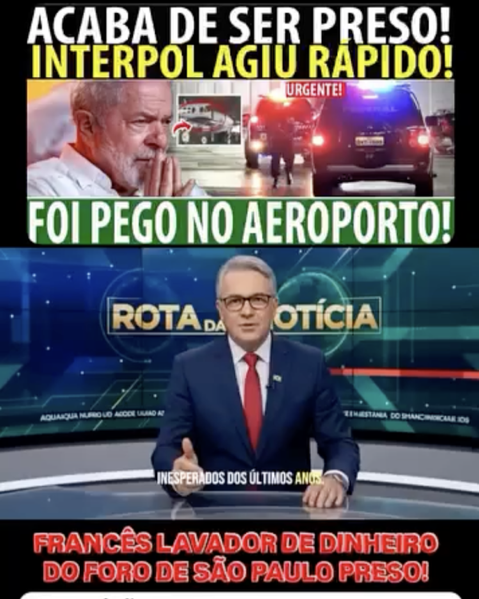 Print de publicação no Kwai mostra uma montagem dividida em três partes. Na parte superior, aparecem os textos ‘ACABA DE SER PRESO!’, ‘INTERPOL AGIU RÁPIDO!’ e ‘FOI PEGO NO AEROPORTO!’. Abaixo deles, há duas imagens lado a lado: à esquerda, aparece o presidente Lula — um homem branco de cabelos grisalhos, com barba grisalha curta, vestindo camisa clara e com as mãos unidas diante do rosto; à direita, veículos policiais escuros com luzes ligadas em uma área externa, acompanhados do texto ‘URGENTE!’. No centro da montagem, há a imagem de um apresentador de telejornal gerado por inteligência artificial de pele clara e cabelos grisalhos curtos, vestindo terno azul escuro, camisa branca e gravata vermelha, sentado atrás de uma bancada em um estúdio com o texto ‘ROTA DA NOTÍCIA’ ao fundo. Na parte inferior, aparece o texto ‘FRANCÊS LAVADOR DE DINHEIRO DO FORO DE SÃO PAULO PRESO!’.