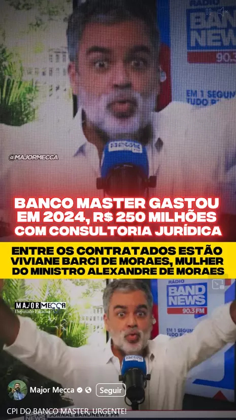 A imagem mostra um homem de pele clara, cabelos curtos grisalhos e barba curta grisalha falando diante de um microfone azul em um estúdio de rádio identificado por placas com o nome da emissora ao fundo; ele veste camisa clara e aparece gesticulando com os braços levantados na parte inferior do card. Sobre a imagem, há faixas de texto em vermelho que dizem: ‘Banco Master gastou em 2024 R$ 250 milhões com consultoria jurídica. Entre os contratados estão Viviane Barci de Moraes, mulher do ministro Alexandre de Moraes’.