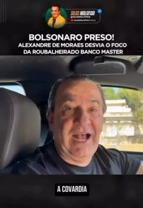 A captura mostra um vídeo no formato vertical publicado no Instagram pelo pastor Silas Malafaia — homem idoso de pele clara e cabelo curto escuro sentado no banco do motorista de um carro, olhando para a câmera. No topo da imagem, aparece um card com texto em destaque sobre a prisão de Bolsonaro e a menção ao Banco Master. À direita, legenda diz: ‘BOLSONARO PRESO! Alexandre de Moraes desvia o foco da roubalheira do Banco Master’.