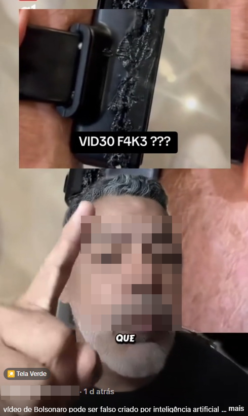 Na imagem há um enquadramento dividido em duas partes: na parte superior, aparece um close de uma tornozeleira eletrônica com sinais de desgaste visíveis e a frase sobreposta 'VID30 F4K3 ???'; na parte inferior, há uma pessoa com o rosto pixelado, pele clara, cabelo curto em tom acinzentado e barba curta, levantando a mão com o dedo indicador estendido, com a palavra 'QUE' sobreposta.