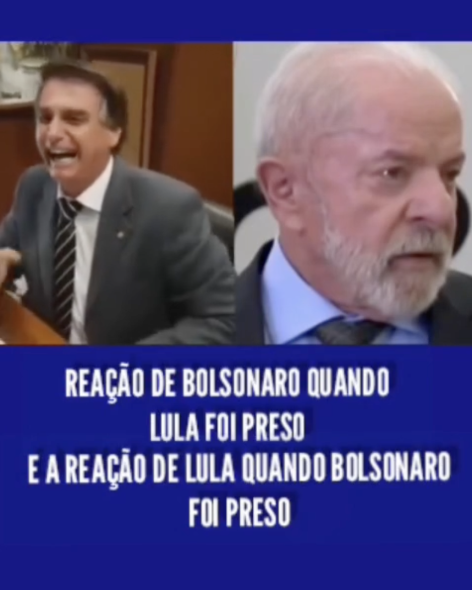 Print de publicação no Instagram é dividida verticalmente em duas partes. À esquerda, aparece o ex-presidente Jair Bolsonaro (PL), quando ainda era deputado federal pelo Rio de Janeiro —  homem branco, cabelos castanhos curtos, usando terno cinza, camisa clara e gravata listrada; ele está sentado em seu gabinete na Câmara dos Deputados e aparece com a boca aberta, como se estivesse rindo. À direita, está o presidente Lula (PT) — homem branco, com cabelo e barba brancos e curtos, vestido com terno escuro e camisa clara; ele está em outro ambiente interno e mantém expressão facial séria. A parte inferior da montagem contém o texto: ‘REAÇÃO DE BOLSONARO QUANDO LULA FOI PRESO E A REAÇÃO DE LULA QUANDO BOLSONARO FOI PRESO’, em letras brancas sobre fundo azul.