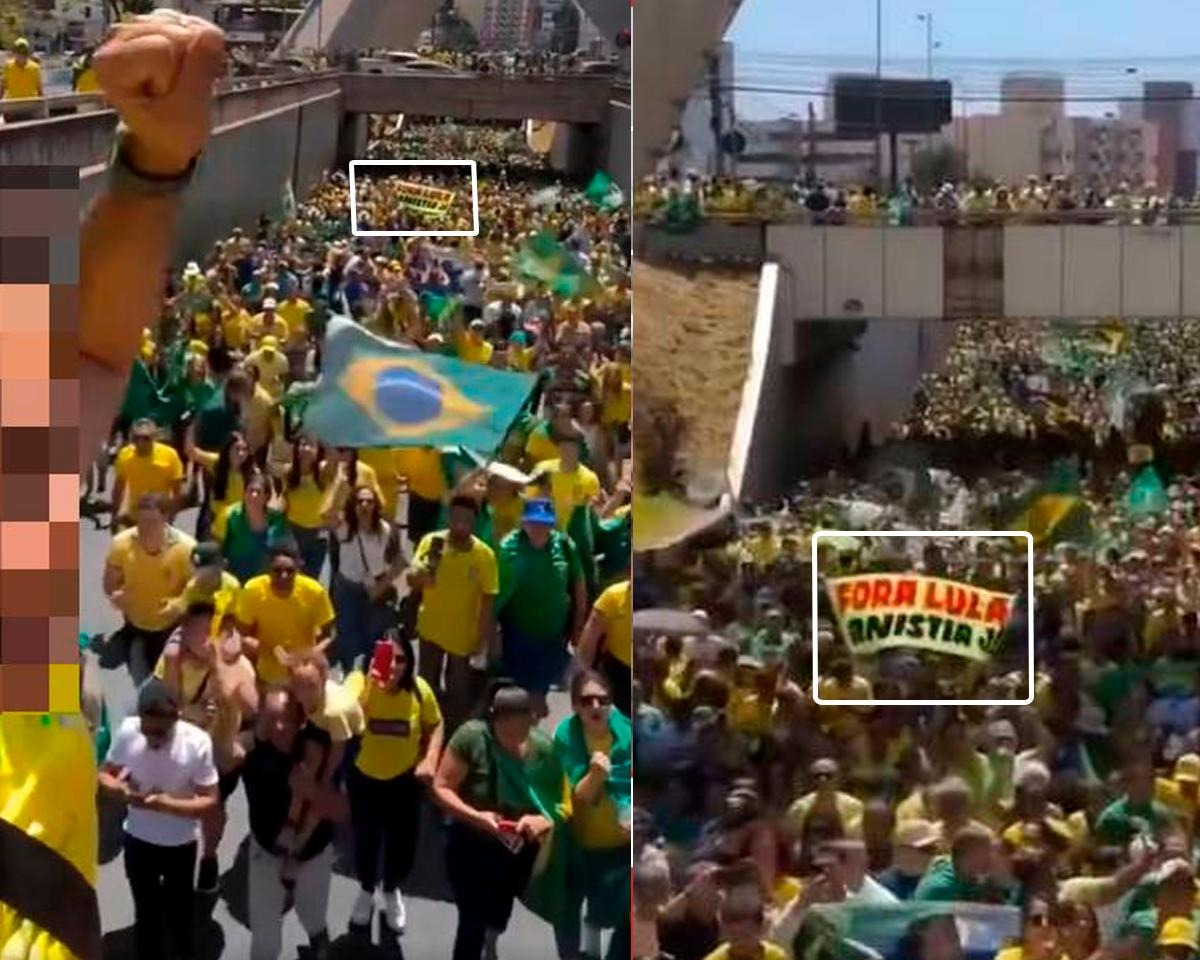 Imagem mostra uma grande concentração de pessoas vestindo roupas nas cores verde, amarelo e azul, reunidas em uma via urbana e em áreas sob um viaduto; algumas carregam bandeiras do Brasil e uma faixa com os dizeres ‘Fora Lula Anistia Já’, enquanto outras caminham ou observam a cena ao redor.