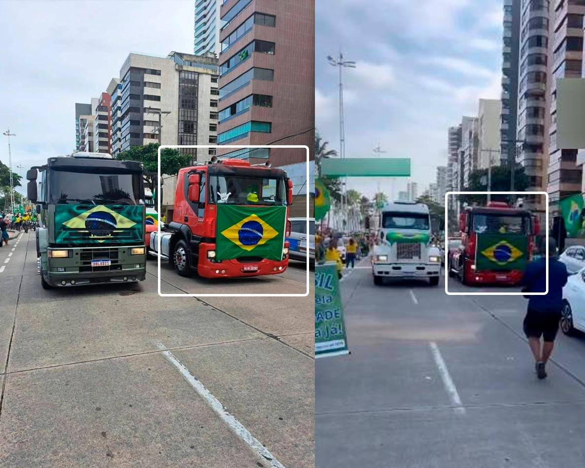 A imagem mostra caminhões em circulação em uma via urbana cercada por prédios altos; os veículos, incluindo um caminhão vermelho e outro branco, exibem bandeiras do Brasil na parte frontal, enquanto pessoas caminham ao redor usando roupas em cores variadas e segurando cartazes e bandeiras.