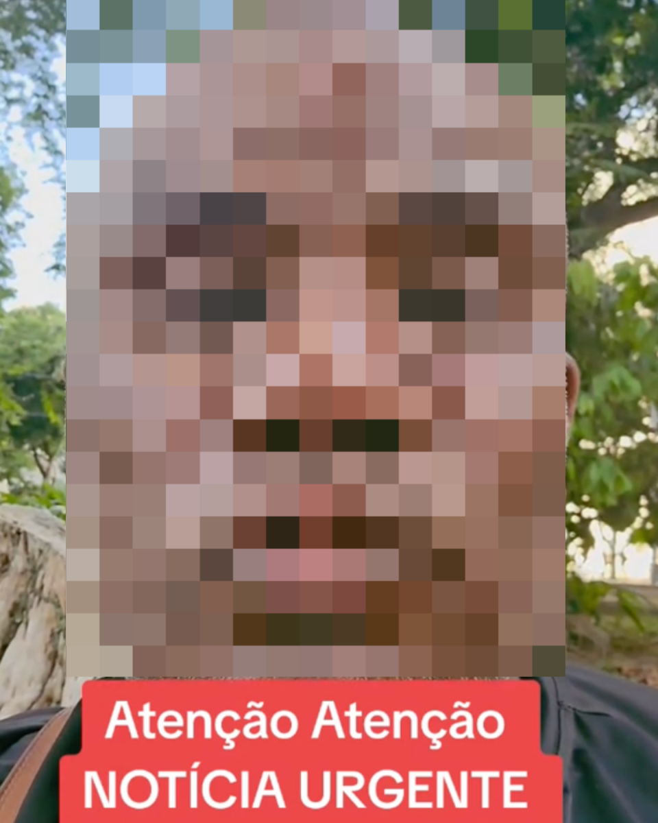 Print de publicação no TikTok mostra um homem negro desconhecido, calvo. Abaixo, há a frase: ‘Atenção. Atenção. NOTÍCIA URGENTE’.