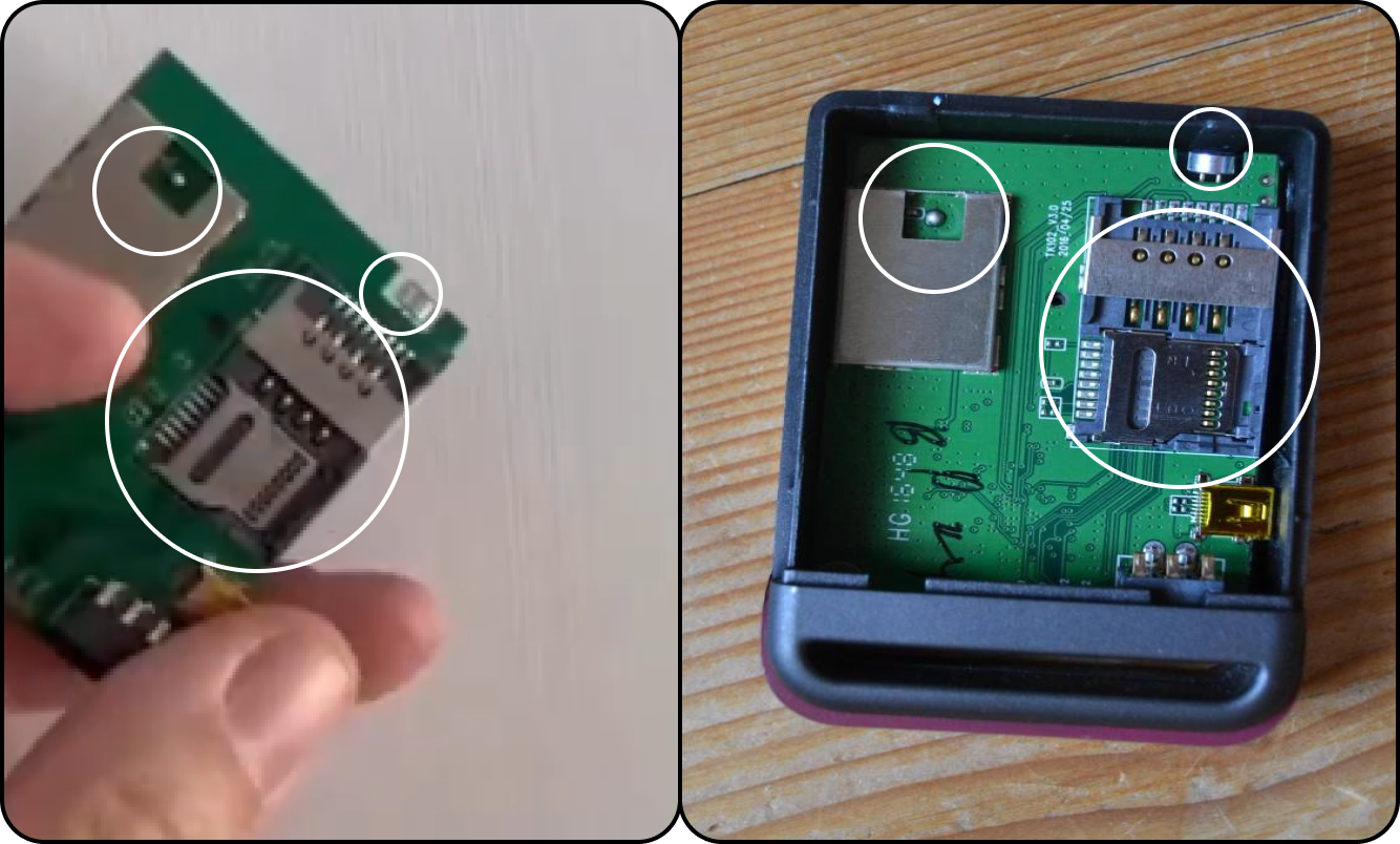 A imagem apresenta um comparativo entre duas placas eletrônicas: à esquerda, uma pessoa segura uma placa verde com um compartimento metálico para cartão e componentes pequenos destacados por círculos; à direita, uma placa semelhante aparece encaixada em uma caixa plástica aberta, também com o compartimento metálico para cartão, conectores e componentes eletrônicos evidenciados por marcações circulares.