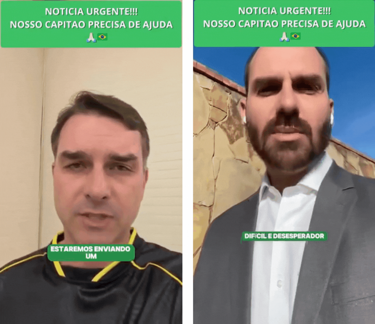 Animação de anúncios impulsionados no Facebook mostra vídeos manipulados por inteligência artificial que falsificam a voz e a imagem do senador Flávio Bolsonaro (PL-RJ) — homem branco de cabelos lisos curtos, usando uma camiseta da seleção brasileira na cor preta com detalhes em amarelo, em um fundo bege — e do deputado federal Eduardo Bolsonaro (PL-SP) — homem branco, calvo, que usa uma camisa branca e um blazer cinza e aparece diante de um muro de pedras marrons e céu azul. Acima das imagens consta a frase: ‘NOTÍCIA URGENTE!!! NOSSO CAPITÃO PRECISA DE AJUDA’.