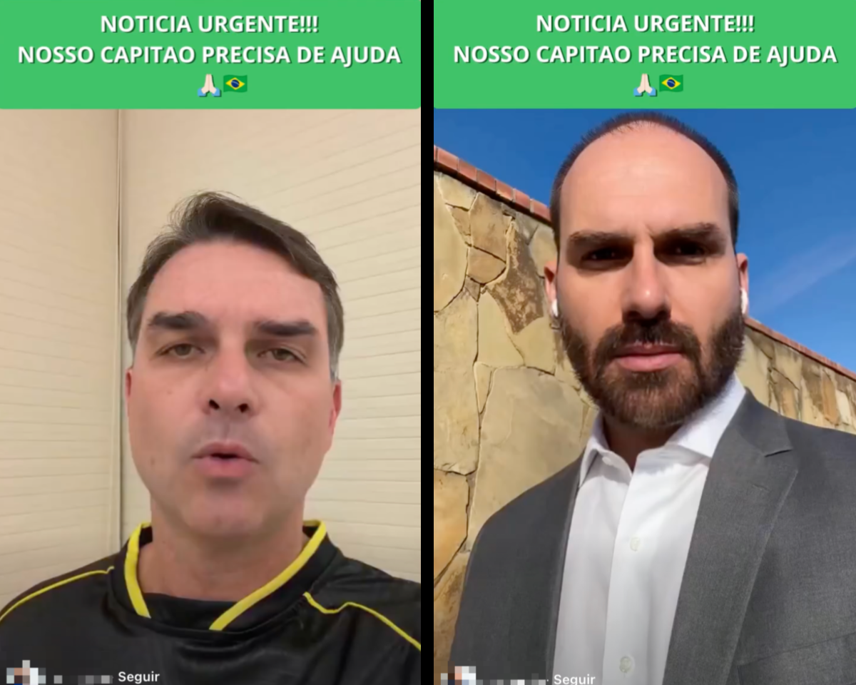 Prints de anúncios impulsionados no Facebook mostram vídeos manipulados por inteligência artificial que falsificam a voz e a imagem do senador Flávio Bolsonaro (PL-RJ) — homem branco de cabelos lisos curtos, que usa uma camiseta da seleção brasileira na cor preta com detalhes em amarelo, em um fundo bege — e do deputado federal Eduardo Bolsonaro (PL-SP) — homem branco, calvo, que usa uma camisa branca e um blazer cinza, diante de um muro de pedras marrons irregulares e o céu azul. Acima das imagens consta a frase: ‘NOTÍCIA URGENTE!!! NOSSO CAPITÃO PRECISA DE AJUDA’.