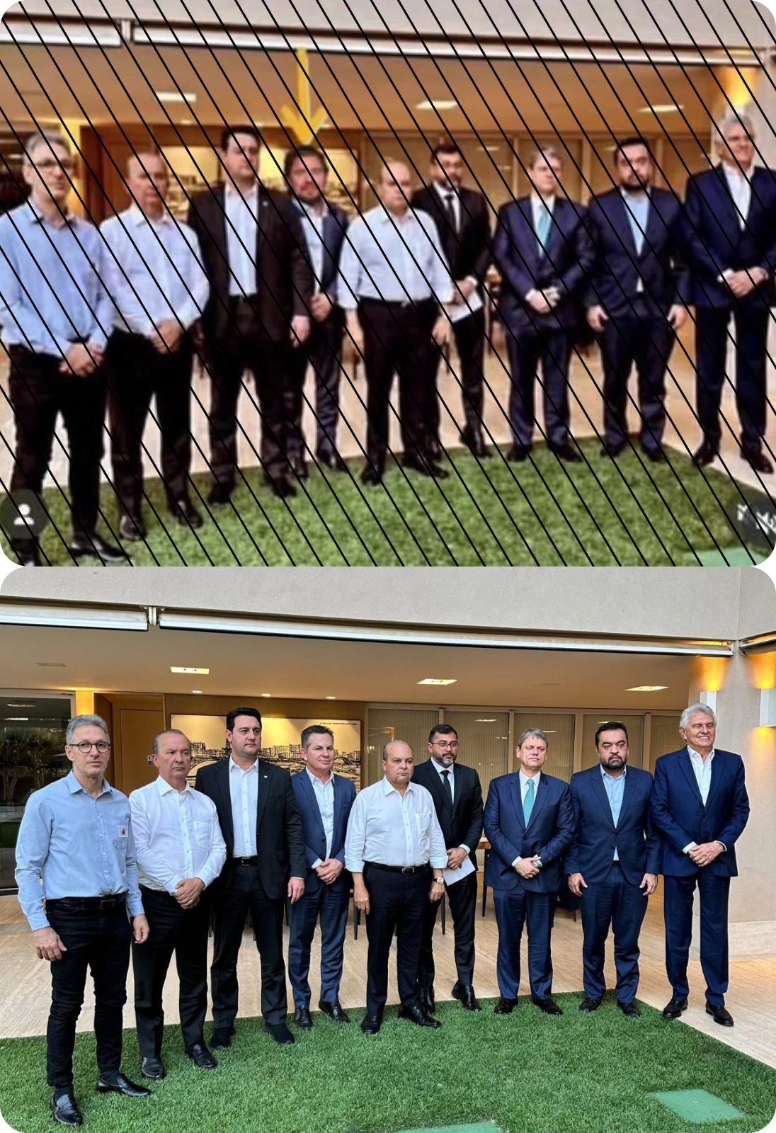 Comparativo entre duas fotos que mostra um grupo de nove homens adultos posando lado a lado sobre um gramado. Todos usam roupas sociais, como camisas claras, calças escuras e alguns com paletó e gravata. Eles têm diferentes tons de pele, cabelos curtos em cores variadas como preto, grisalho e branco, e estão alinhados em frente a uma fachada com portas de vidro e iluminação interna amarelada; a imagem superior do comparativo é uma montagem em que foi inserido digitalmente o rosto de Daniel Vorcaro, dono do Master.