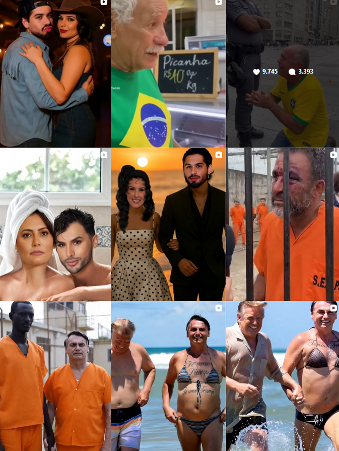 A imagem é uma montagem formada por nove quadros que mostram diferentes pessoas em situações variadas: algumas posam abraçadas ou lado a lado, outras aparecem em ambientes internos ou ao ar livre, incluindo cenário urbano, área de praia e local com grades. Há indivíduos de pele clara e escura, alguns vestidos com roupas laranja semelhantes a uniformes prisionais, outros usando trajes de banho, roupas casuais ou peças sociais; também aparece um homem idoso de pele clara em frente a uma placa de preços (Reprodução/Instagram)