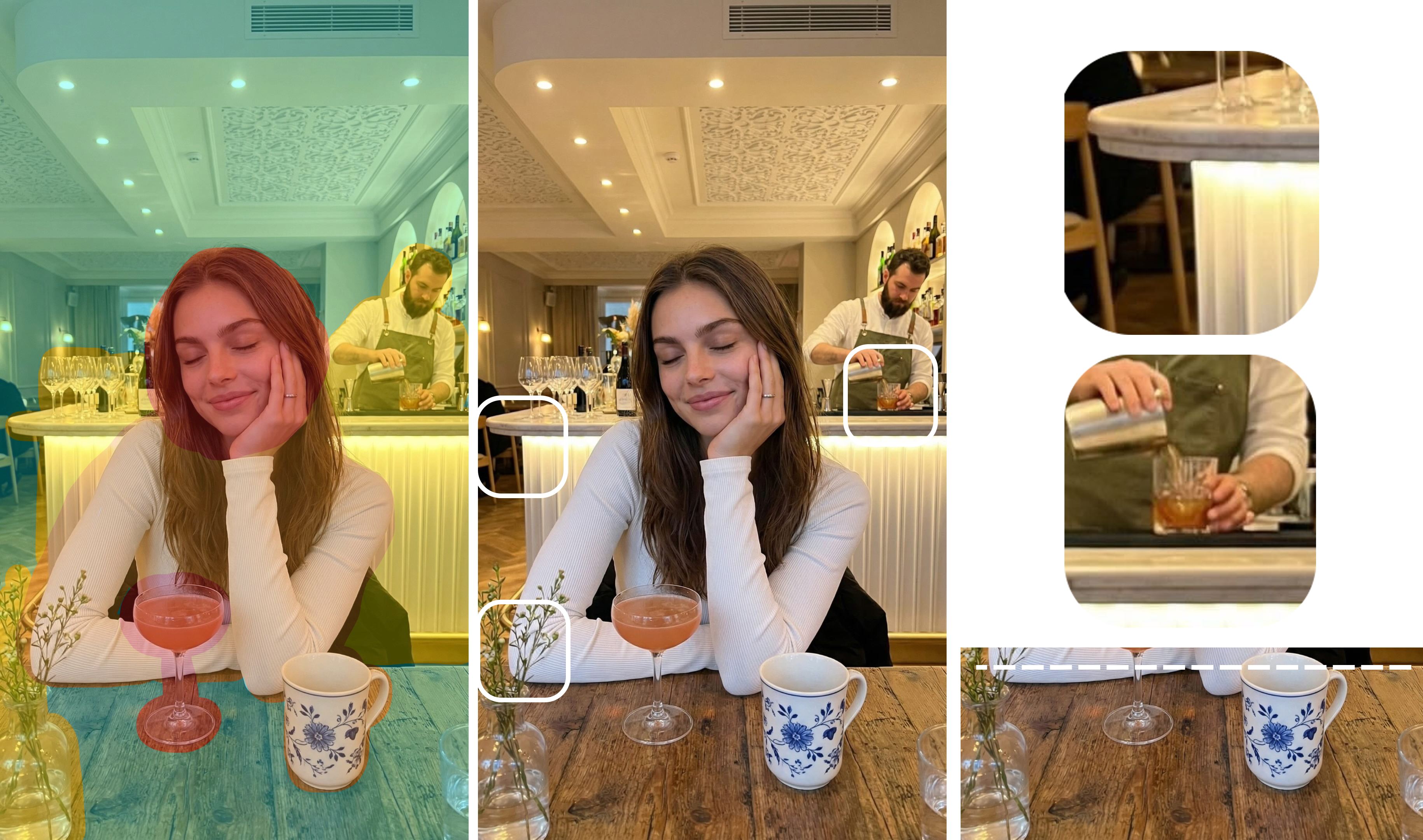 A imagem é um painel composto por três visualizações do mesmo ambiente interno de um bar ou restaurante. A coluna central mostra uma pessoa de pele clara, com cabelos castanhos longos e ondulados, sentada à mesa. Ela veste uma blusa branca de manga longa e tem os olhos fechados, a mão esquerda apoiada no rosto. Em sua frente, na mesa de madeira rústica, há uma taça de coquetel cor de pêssego e uma caneca branca com estampa azul-marinho. Ao fundo, um homem com barba, avental verde-oliva e camisa branca está atrás do balcão, preparando uma bebida. A coluna da esquerda apresenta a mesma cena com filtros digitais nas cores vermelho, verde-água e amarelo. A coluna da direita mostra três recortes quadrados com detalhes da cena: o primeiro, de cima, é o detalhe da lateral de um balcão branco; o segundo, ao centro, é um plano de perto do homem no balcão derramando um líquido escuro de uma coqueteleira de metal em um copo; e o terceiro, em baixo, é um recorte da mesa focando a caneca.