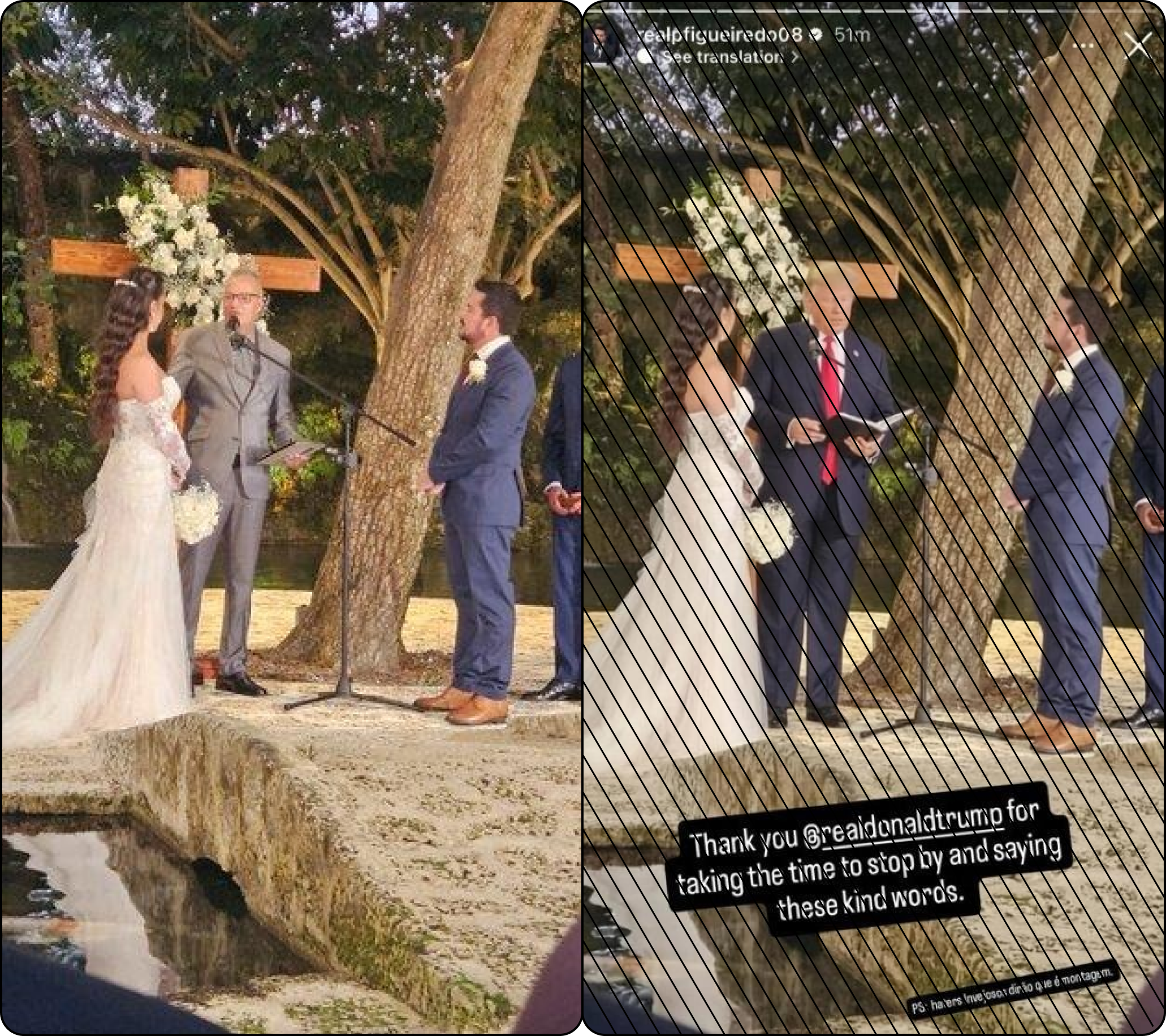 A imagem é um comparativo de duas cenas da mesma cerimônia de casamento ao ar livre: à esquerda, aparece um cerimonialista de pele clara, cabelo curto grisalho e terno cinza claro conduzindo o rito diante dos noivos; à direita, na mesma posição, aparece o presidente americano Donald Trump, inserido digitalmente na foto.