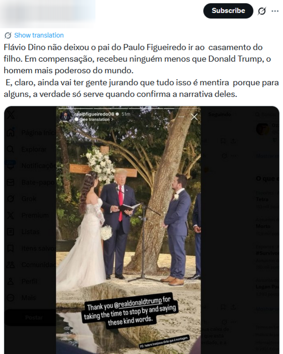 A montagem mostra uma cerimônia de casamento ao ar livre, com uma noiva de pele clara, cabelo longo e escuro preso parcialmente para trás e vestido branco, posicionada ao lado de Paulo Figueiredo, homem de pele clara e cabelo curto escuro que veste terno azul. Entre eles está o presidente americano Donald Trump, homem de pele clara, cabelo loiro curto e terno escuro com gravata vermelha, que segura um livro aberto diante de um microfone. Todos estão posicionados diante de uma árvore decorada com arranjos florais claros  (Reprodução)