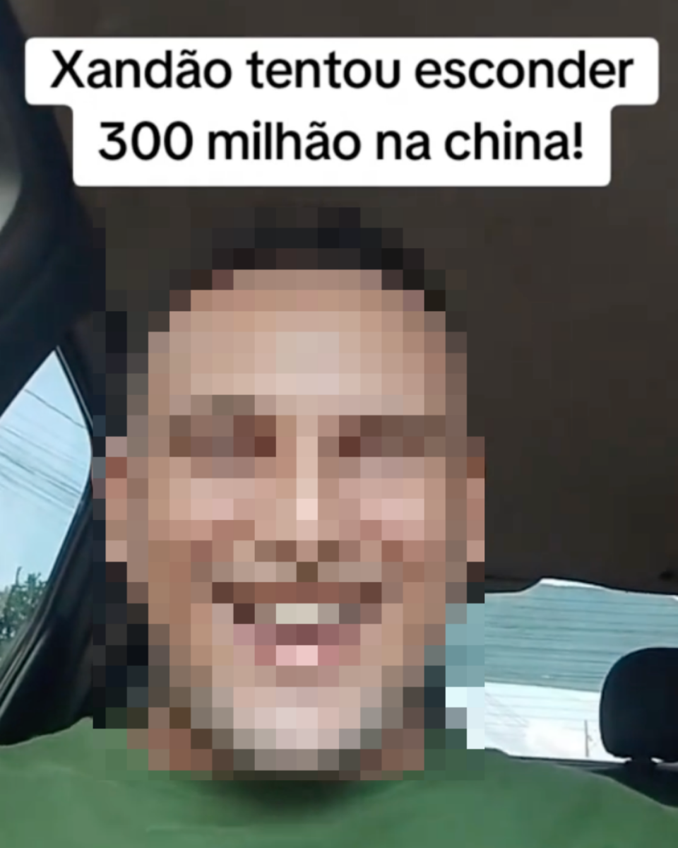 Print de publicação no TikTok mostra homem com rosto censurado falando de dentro de um carro. O post leva a seguinte legenda: ‘Xandão tentou esconder 300 milhão na China! (sic)’.