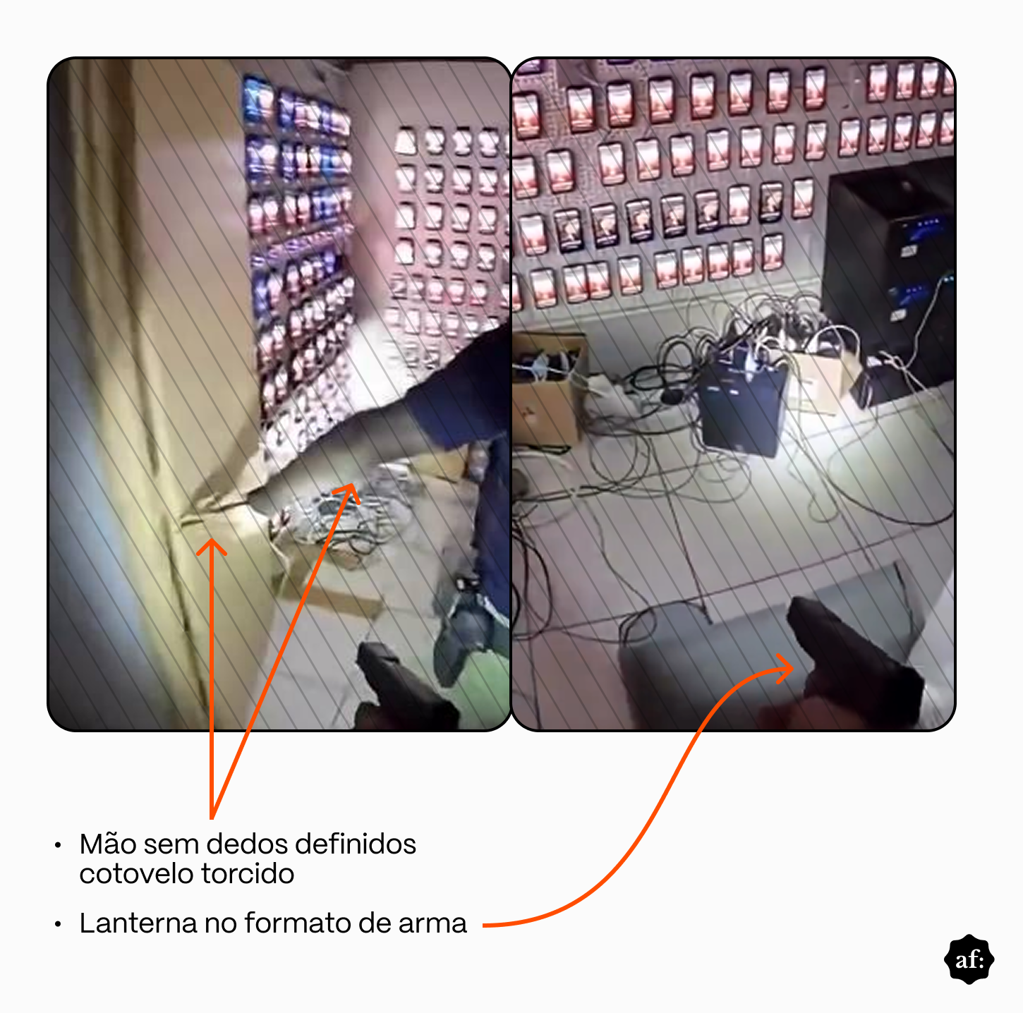 A imagem mostra um comparativo com dois quadros lado a lado em ambiente interno, ambos exibindo paredes cobertas por vários dispositivos eletrônicos alinhados, semelhantes a celulares ligados; no quadro à esquerda, aparece parcialmente o braço de uma pessoa vestindo uniforme azul-escuro, apontando para a parede, e há anotações gráficas com setas; no quadro à direita, a cena inclui diversos cabos sobre uma mesa e um objeto escuro na parte inferior da imagem segurado pela pessoa que filma, enquanto outra anotação em seta indica esse objeto.