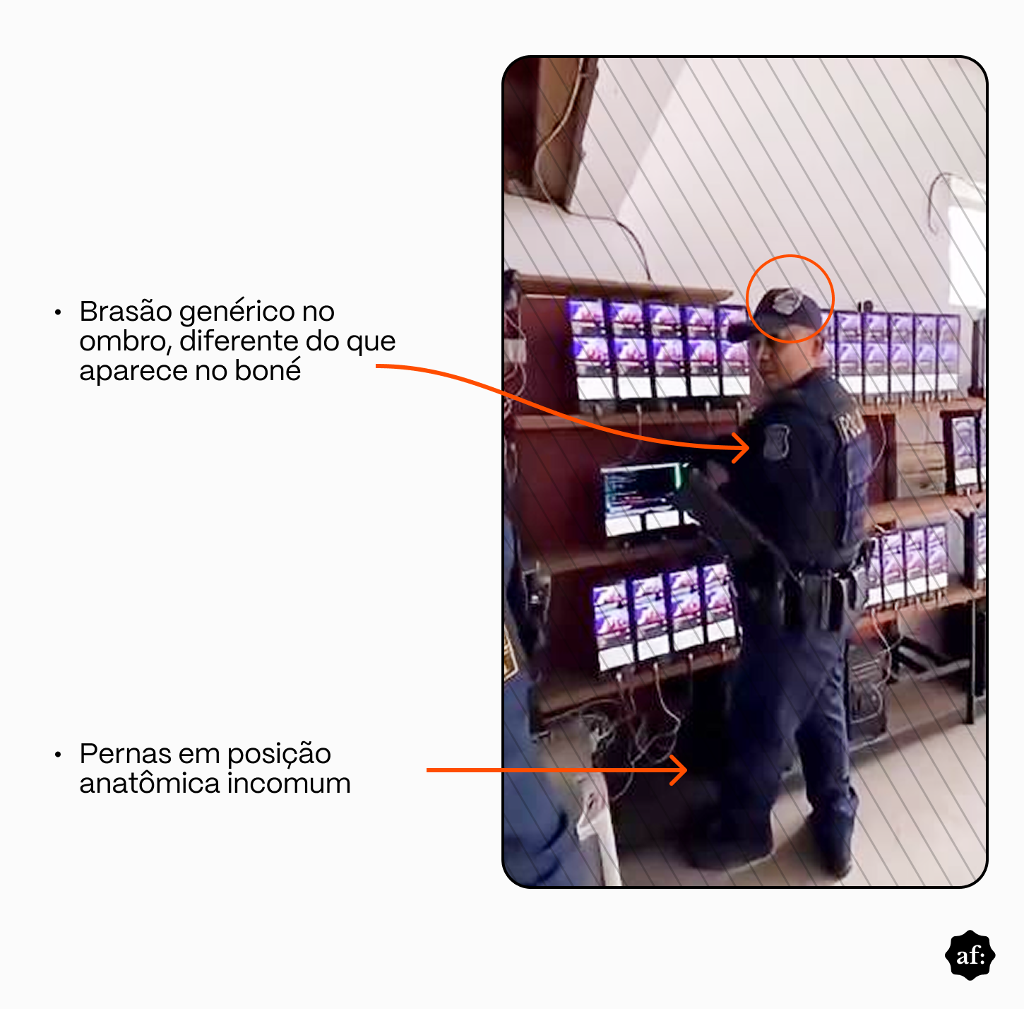 A imagem mostra um ambiente fechado com diversas fileiras de celulares ligados e organizados em prateleiras presas à parede. À frente dos aparelhos, aparecem dois homens vestindo uniformes de cor escura semelhantes a trajes policiais, com brasões nos ombros e equipamentos presos à cintura. Um dos homens está de perfil, usando boné e olhando em direção à câmera. O piso é claro e há fios conectando os aparelhos eletrônicos na parte inferior das prateleiras. O enquadramento destaca os celulares, organizados em múltiplas telas acesas exibindo conteúdo semelhante.
