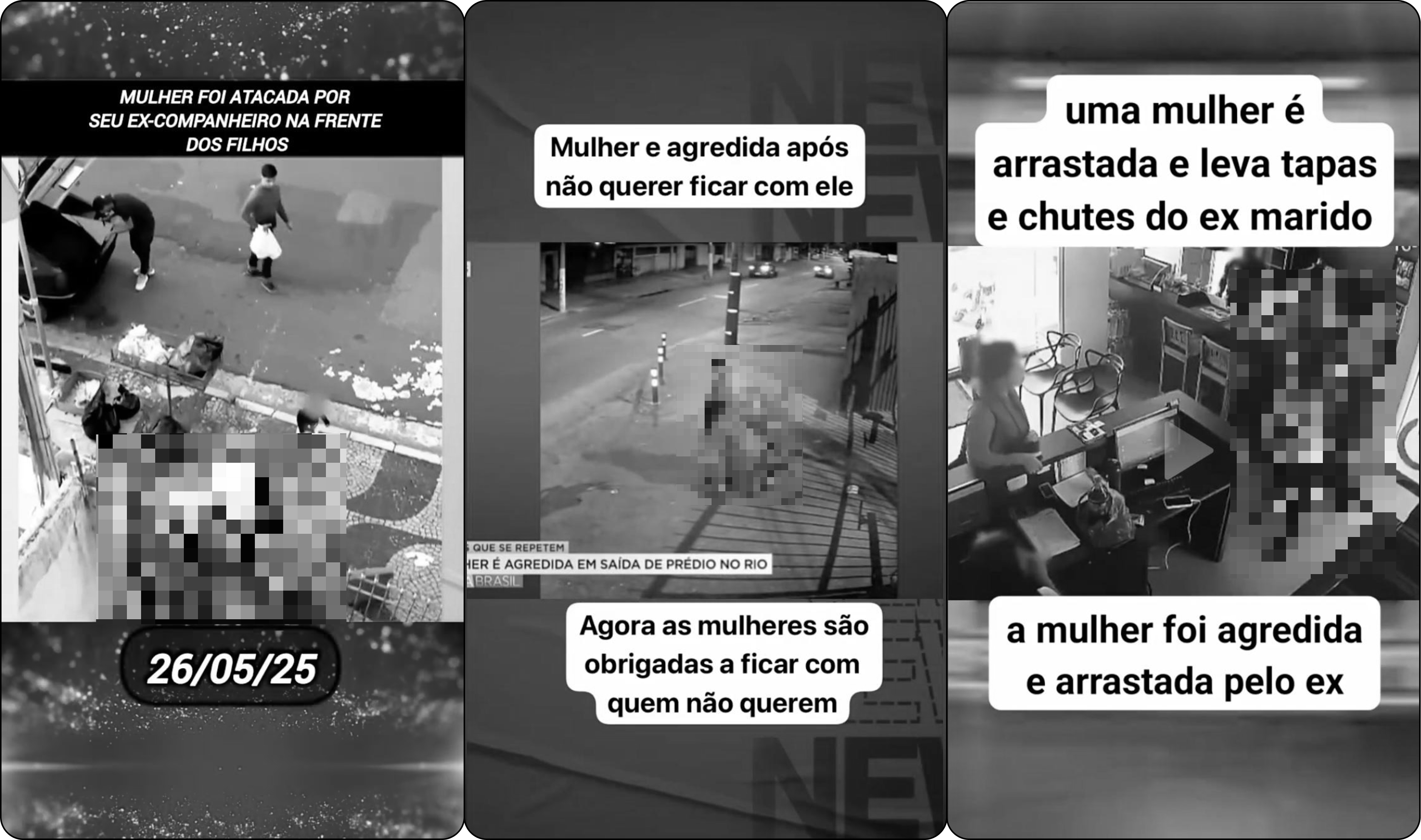 Prints de publicações que retratam cenas de violência contra a mulher recomendadas pelo Kwai. A primeira imagem diz: ‘mulher foi atacada por seu ex-companheiro na frente dos filhos. 26/05/2025); a segunda imagem diz: ‘mulher é agredida após não querer ficar com ele. Agora as mulheres são obrigadas a ficar com quem não querem?’; e a terceira imagem diz: ‘uma mulher é arrastada e leva tapas e chutes do ex-marido. A mulher foi agredida e arrastada pelo ex’.