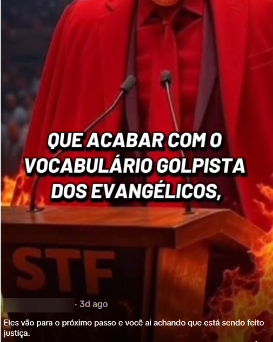 A imagem mostra o ministro Alexandre de Moraes — homem de pele clara e calvo, usando toga preta com detalhes vermelhos e camisa branca com gravata azul-clara, posando diante de um fundo neutro. Sobre a foto aparecem as inscrições ‘Evangélicos em perigo’ acompanhada de um símbolo de raio e, na parte inferior, a palavra ‘golpista’ em letras grandes azul-claras.