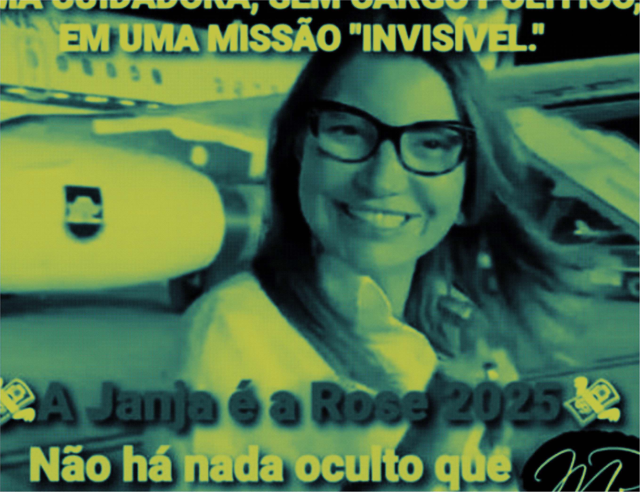 Foto mostra Janja, uma mulher branca de cabelos lisos e óuclos, sorrindo em direção à câmera. A legenda diz ‘A Janja é a Rose 2025. Não há nada oculto que’. Ao fundo, é possível ver partes de um avião.