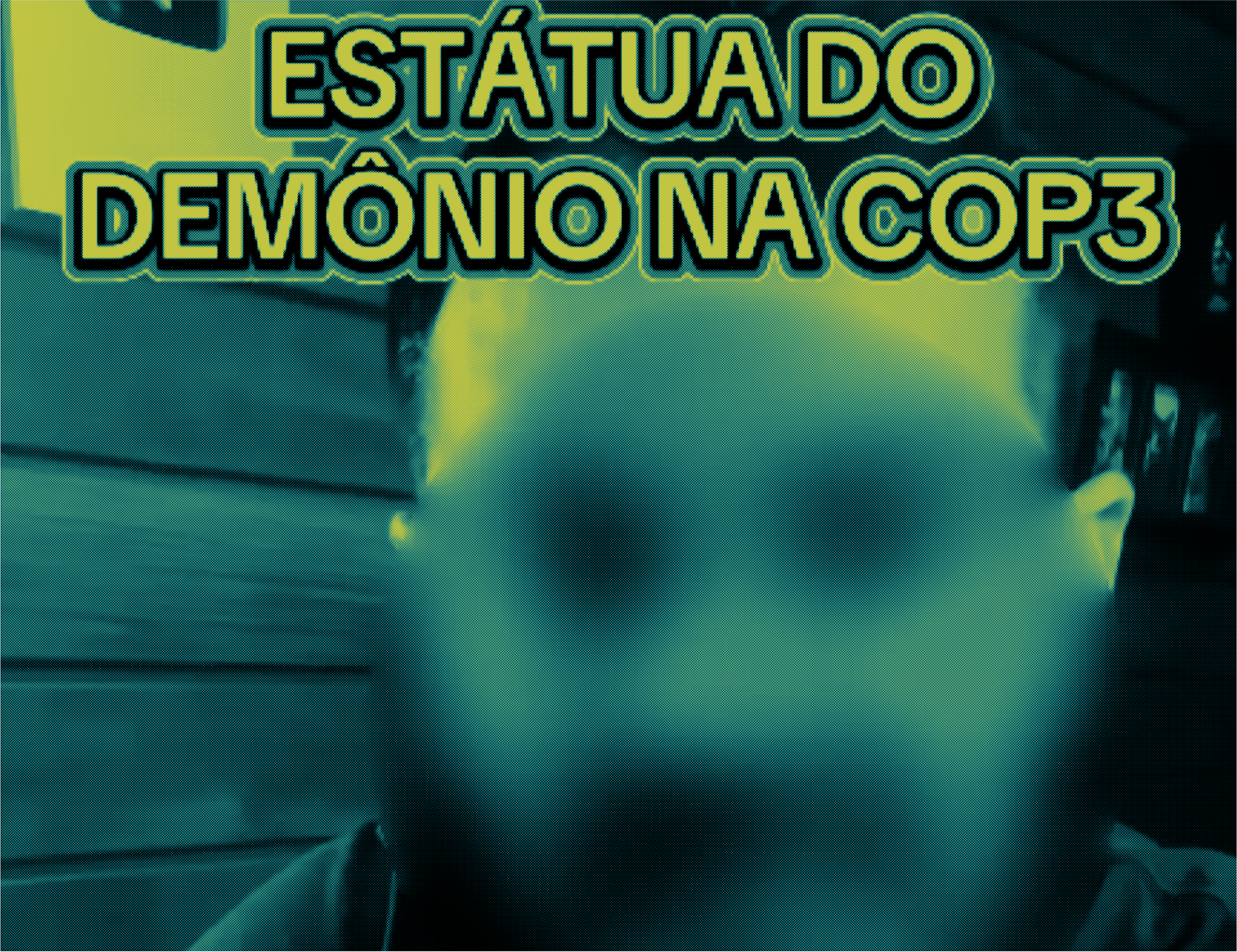 Imagem com legenda que diz ‘Estátua do demônio na COP30’. Abaixo, há o rosto de um homem censurado.