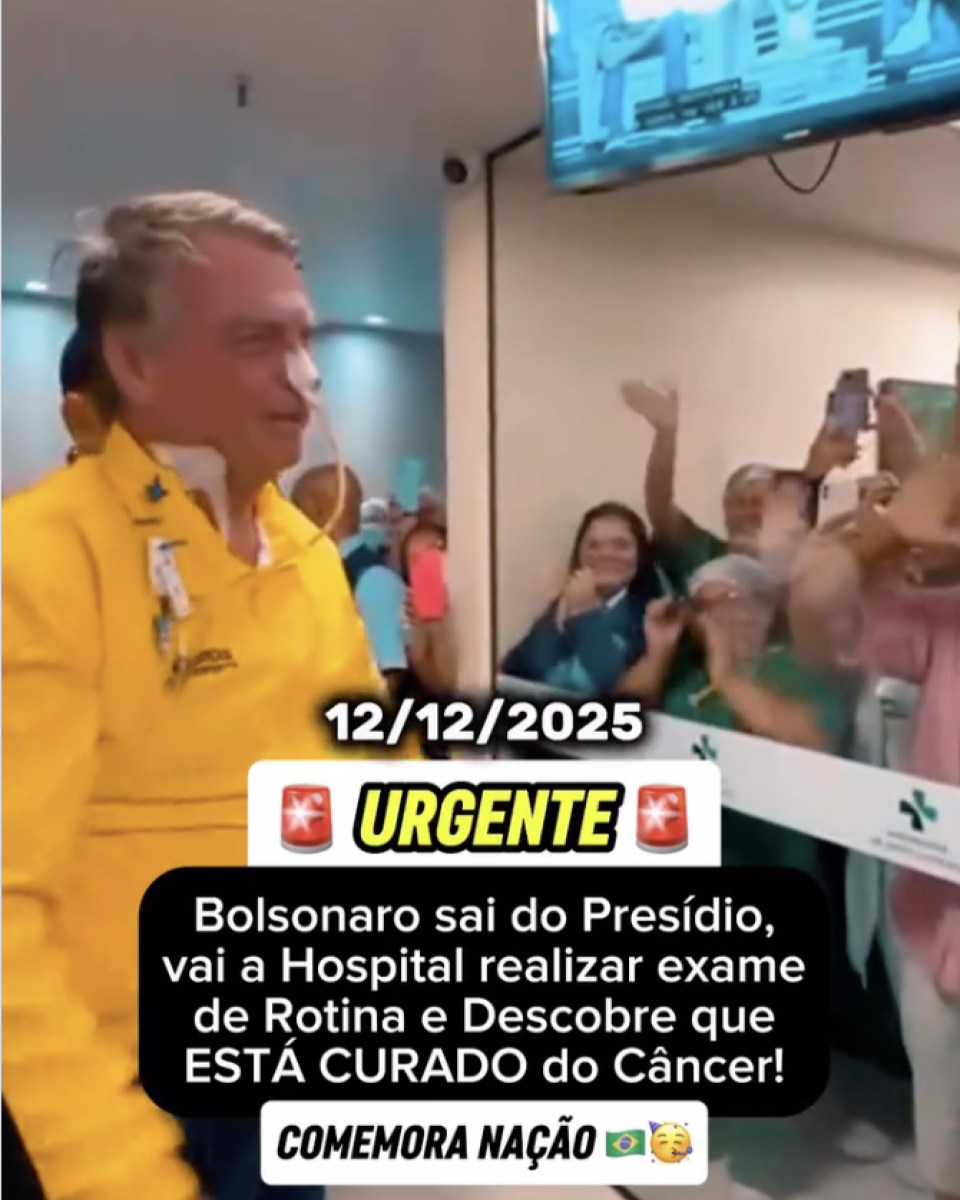 Publicação no Instagram mostra o ex-presidente Jair Bolsonaro (PL) — homem branco de cabelos grisalhos, que usa um casaco amarelo e está com uma sonda nasogástrica — andando pelo corredor de um hospital onde há dezenas de pessoas o aplaudindo. Texto sobre a imagem diz: ‘12/12/2025. URGENTE. Bolsonaro sai do presídio, vai a hospital realizar exame de rotina e descobre que está curado do câncer. COMEMORA NAÇÃO’.