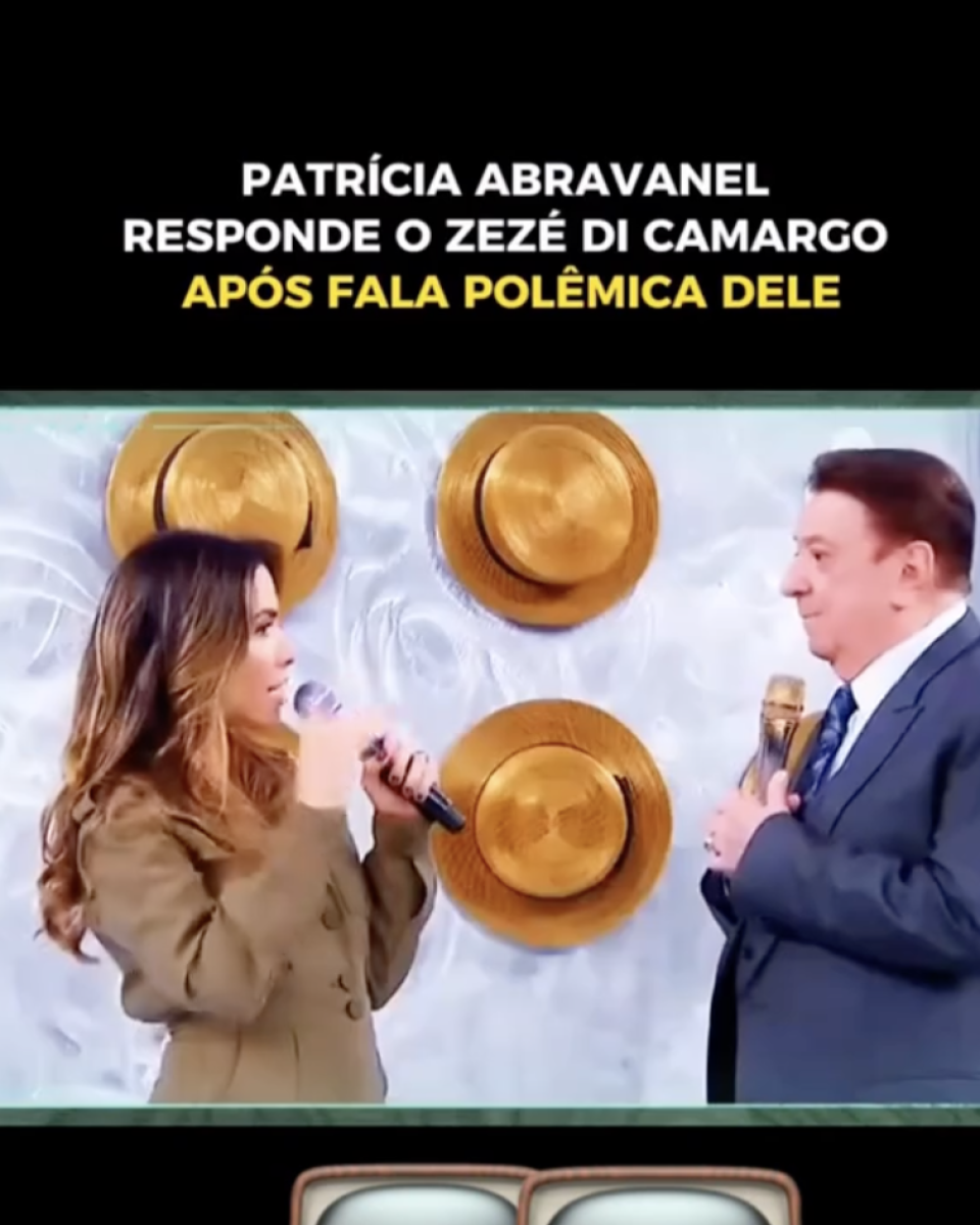 Print de publicação do TikTok mostra a apresentadora Patrícia Abravanel — mulher branca, de cabelos castanhos com luzes, que usa um blazer marrom e segura um microfone — e o apresentador Raul Gil — homem idoso branco, de cabelos castanhos, que usa um terno azul marinho, camisa branca e uma gravata azul com detalhes, e está segurando um microfone dourado. Ao fundo da imagem, há chapéus dourados pendurados em uma parede. No topo do print, sobre um fundo preto, está escrita a frase: ‘PATRÍCIA ABRAVANEL RESPONDE O ZEZÉ DI CAMARGO APÓS FALA POLÊMICA DELE’.