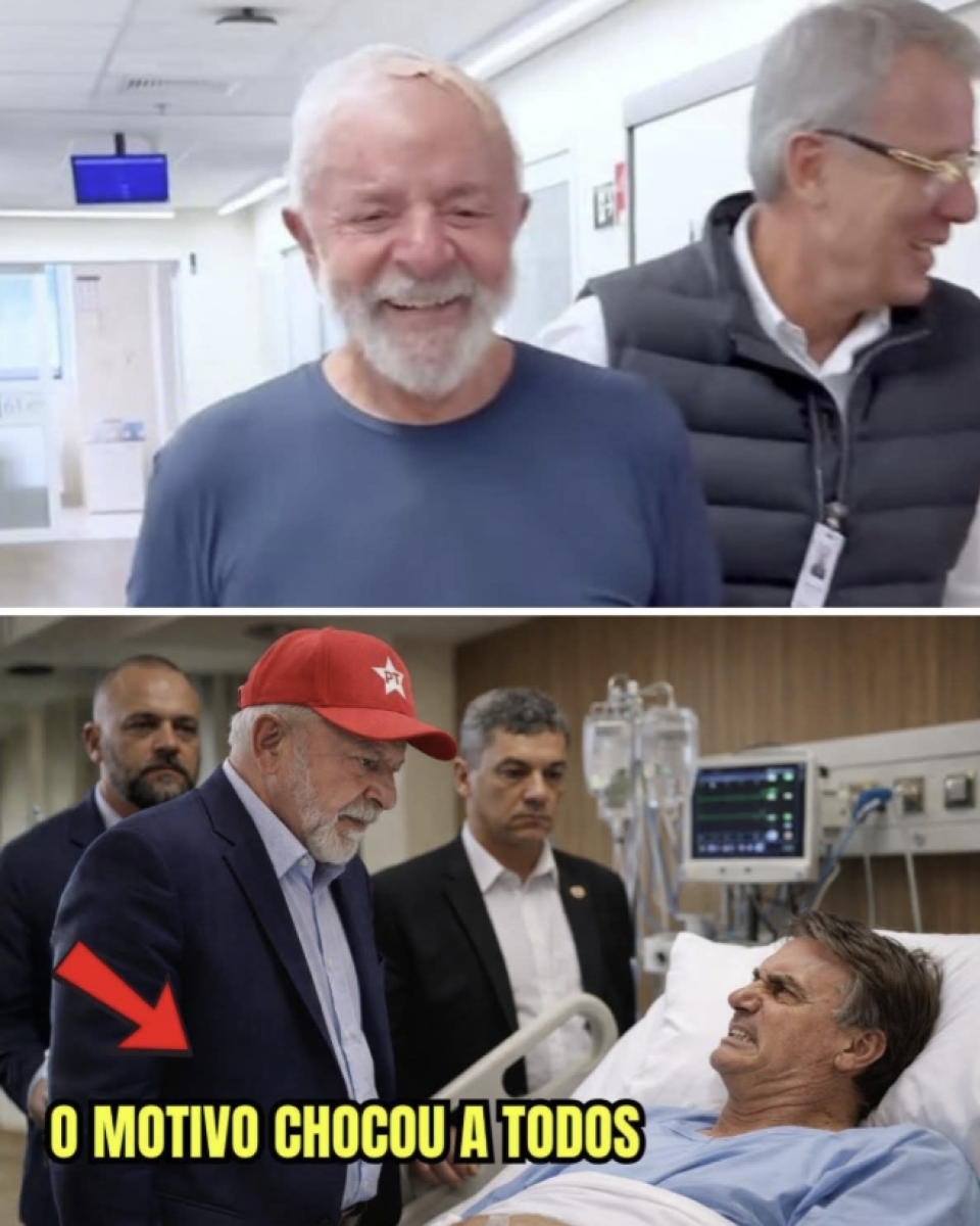A imagem é um conjunto com duas fotografias dispostas uma acima da outra, separadas por uma linha horizontal. Na parte superior, há um corredor interno com paredes claras e iluminação branca. No centro aparece o presidente Lula, um homem idoso, de pele clara, cabelo branco curto e barba branca, usando uma camiseta azul de mangas curtas. Ele sorri enquanto caminha pelo corredor. À direita dele, parcialmente enquadrado, há outro homem de pele clara, cabelo grisalho curto, usando óculos, camisa clara e um colete acolchoado escuro, com um crachá pendurado no pescoço. Ao fundo, vê-se portas, placas e um monitor azul preso ao teto. Na parte inferior, há uma cena em um quarto hospitalar mostrando Lula, que veste um paletó escuro, camisa clara e um boné vermelho com a sigla do PT (Partido dos Trabalhadores), inclinado em direção a uma cama hospitalar. Na cama está o ex-presidente Jair Bolsonaro, um homem de pele clara, com cabelos escuros e expressão tensa, vestindo roupa hospitalar azul claro e apoiado em travesseiros. Atrás de Lula estão dois outros homens de pele clara, ambos de terno escuro, com expressão séria. Ao lado da cama há equipamentos médicos, incluindo um monitor com tela ligada e suportes com frascos transparentes. Sobre a imagem inferior, no canto esquerdo, há uma seta vermelha apontando para Lula e, abaixo, há um texto grande em letras amarelas que diz: ‘O MOTIVO CHOCOU A TODOS’.