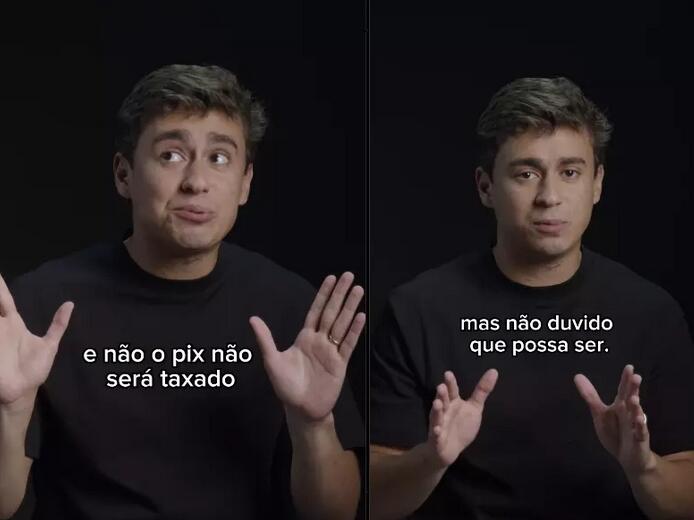 Imagem dividida em duas partes mostra o deputado federal Nikolas Ferreira, homem jovem de pele clara, cabelo curto castanho e sem barba, vestindo camiseta preta, diante de um fundo escuro uniforme. À esquerda, ele aparece com as mãos erguidas e abertas, olhando levemente para o lado esquerdo, com o texto em branco ‘e não o pix não será taxado’. À direita, o mesmo homem aparece com as mãos mais próximas do corpo, olhando diretamente para a frente, com o texto em branco ‘mas não duvido que possa ser.’, mantendo enquadramento e iluminação semelhantes nas duas cenas.