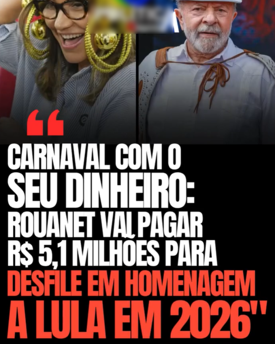 A imagem tem formato vertical e fundo predominantemente escuro, dividida visualmente em duas partes superiores com fotografias e uma parte inferior ocupada por texto. Na parte superior esquerda, aparece a primeira-dama Janja, uma mulher de pele clara, sorrindo amplamente, com a boca aberta. Ela usa óculos de armação escura, brincos grandes dourados em formato circular e uma camisa de tecido claro com listras finas. Parte do fundo atrás dela é colorido, mas está desfocado. Na parte superior direita está o presidente Lula, um homem idoso, de pele clara, barba branca e cabelo grisalho, usando um chapéu claro e uma camisa branca. Sobre a camisa, ele veste uma peça com detalhes decorativos e um cordão marrom amarrado na altura do peito. O fundo atrás dele é escuro e pouco definido. Na parte inferior da imagem há um grande bloco de texto em letras maiúsculas. No topo do texto há aspas grandes na cor vermelha e, em seguida, a frase: ‘CARNAVAL COM O SEU DINHEIRO: ROUANET VAI PAGAR R$ 5,1 MILHÕES PARA DESFILE EM HOMENAGEM A LULA EM 2026’. As palavras ‘DESFILE EM HOMENAGEM A LULA EM 2026’ estão destacadas em vermelho, enquanto o restante do texto aparece em branco.