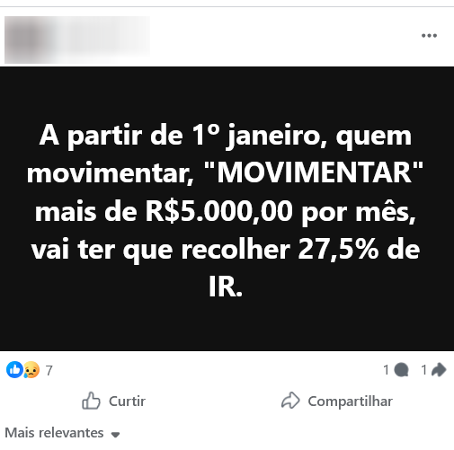 Imagem mostra um fundo preto uniforme com um texto centralizado em letras brancas que diz: ‘A partir de 1º janeiro, quem movimentar, “MOVIMENTAR” mais de R$5.000,00 por mês, vai ter que recolher 27,5% de IR.’. O texto ocupa a maior parte da área da imagem, sem a presença de pessoas, logotipos ou outros elementos gráficos.