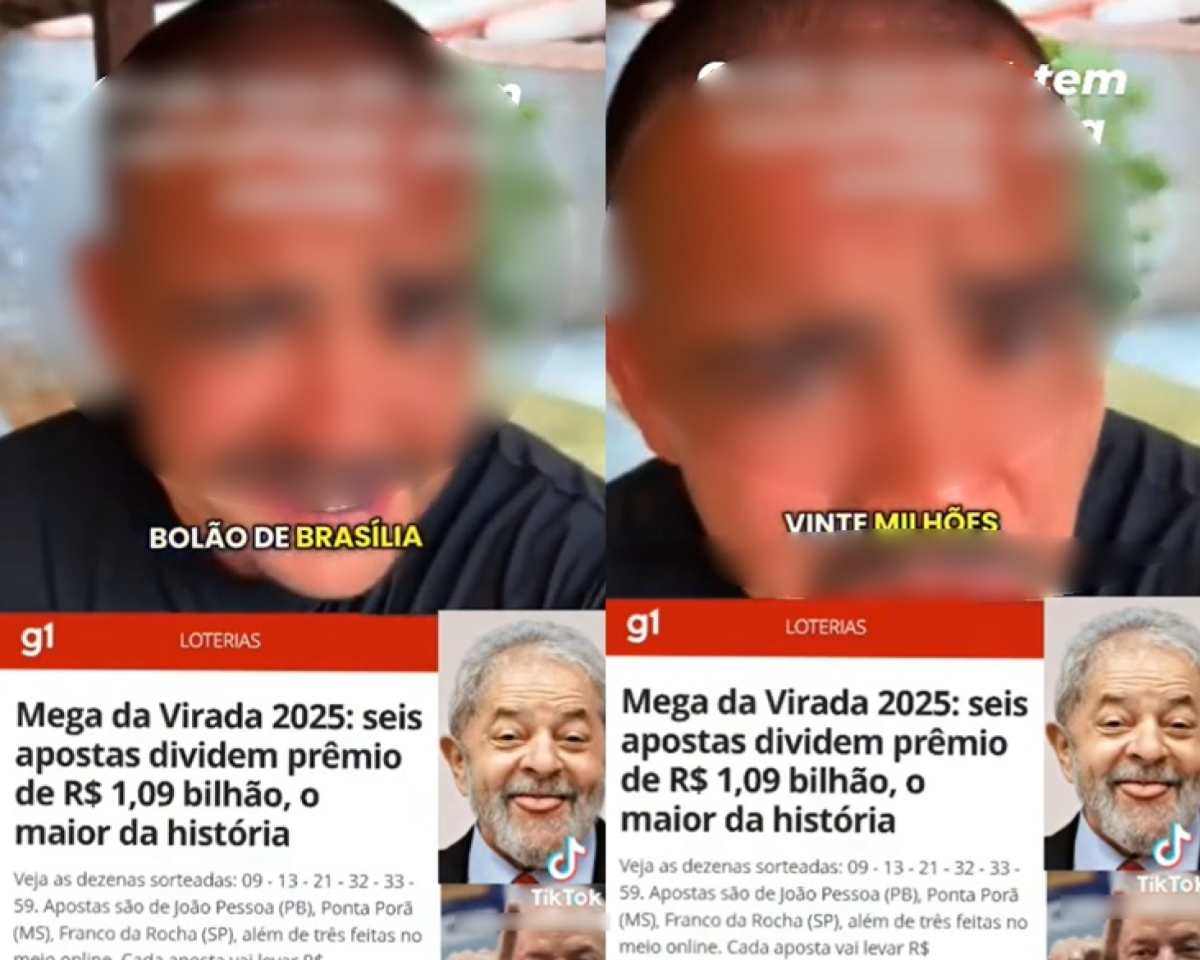 A imagem é uma montagem composta por duas partes principais. Na primeira imagem, à esquerda, aparece o rosto de um homem desfocado, ocupando quase todo o enquadramento. Ele parece estar em ambiente interno, usando uma camiseta escura. Sobre essa imagem, há um texto curto em letras maiúsculas que diz ‘BOLÃO DE BRASÍLIA’, com a palavra ‘BRASÍLIA’ destacada em amarelo. Abaixo está a captura de imagem de uma notícia do site g1, com o logotipo em branco sobre uma faixa vermelha no topo, acompanhado da palavra ‘LOTERIAS’. O título da notícia, em letras pretas sobre fundo branco, diz: ‘Mega da Virada 2025: seis apostas dividem prêmio de R$ 1,09 bilhão, o maior da história’. Abaixo do título, há um texto menor mencionando as dezenas sorteadas e as cidades das apostas vencedoras. A segunda imagem repete a primeira, mudando somente o texto abaixo do homem desfocado, onde lê-se ‘VINTE MILHÕES’, com a palavra ‘MILHÕES’ destacada em amarelo. À direita de cada notícia, em ambas imagens, há a foto de Lula, um homem idoso de pele clara, barba branca e cabelo grisalho, vestindo terno e camisa clara, com expressão sorridente. 