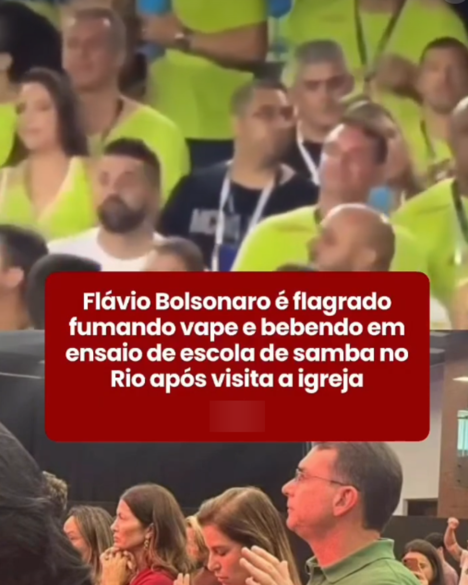 Imagem composta reúne duas cenas distintas. Na parte superior, aparece um grupo de pessoas em um ambiente coletivo, muitas vestindo camisetas verde-limão, com homens e mulheres de diferentes idades, em pé e sentados, alguns com barba, cabelos curtos ou médios, sob iluminação artificial, com uma tarja vermelha ao centro contendo o texto ‘Flávio Bolsonaro é flagrado fumando vape e bebendo em ensaio de escola de samba no Rio após visita a igreja’. Na parte inferior, há outra cena em ambiente interno, semelhante a um culto religioso, com pessoas de pele clara em primeiro plano, incluindo um homem de óculos, cabelo curto e camisa verde, e uma mulher de cabelo castanho médio, ambos com os olhos fechados e as mãos erguidas, cercados por outros participantes em postura semelhante.