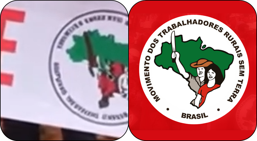 Imagem apresenta uma composição com duas áreas lado a lado. À esquerda, há uma fotografia parcial de uma bandeira branca, na qual aparece um emblema circular com contorno escuro, contendo o desenho do mapa do Brasil em verde e figuras humanas estilizadas em vermelho, além de texto curvo ao redor do símbolo; apenas parte do emblema é visível devido ao enquadramento fechado. À direita, há uma imagem com fundo vermelho sólido e um logotipo circular com borda branca, no centro do qual aparecem duas figuras humanas estilizadas, uma segurando uma ferramenta, sobre o mapa do Brasil em verde, com o texto ‘MOVIMENTO DOS TRABALHADORES RURAIS SEM TERRA’ na parte superior e ‘BRASIL’ na parte inferior.
