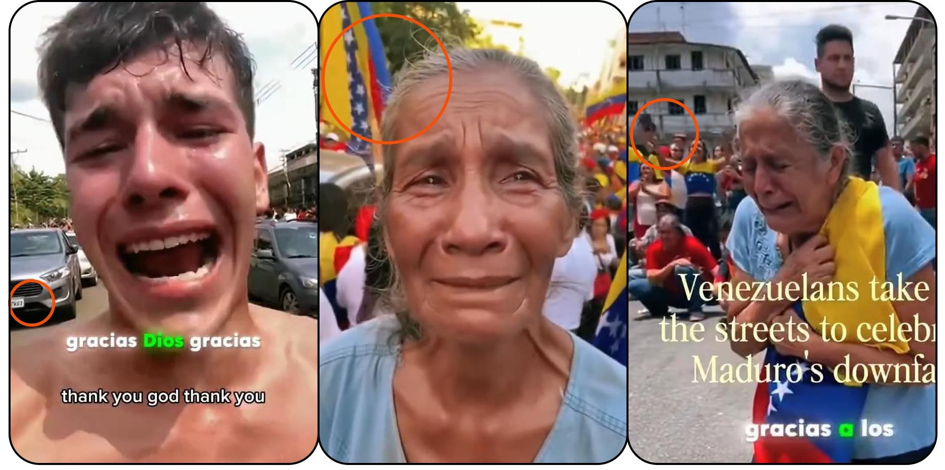 A imagem é composta por três quadros verticais lado a lado, separados por bordas arredondadas. No quadro da esquerda, há um homem jovem em primeiro plano, com o rosto suado e avermelhado, a boca aberta e lágrimas visíveis nos olhos. Ele aparece sem camisa, em uma rua com carros estacionados e outras pessoas ao fundo. Na parte inferior do quadro, há textos sobrepostos: em espanhol, ‘gracias Dios gracias’, e abaixo, em inglês, ‘thank you god thank you’. Um detalhe circular em laranja destaca a placa de um carro ao fundo. No quadro central, aparece uma mulher idosa em primeiro plano, com cabelos grisalhos presos para trás, vestindo uma blusa azul-clara. Ela olha diretamente para a câmera. Ao fundo, há uma multidão em uma via pública, com pessoas vestindo roupas coloridas e bandeiras da Venezuela visíveis. Um círculo laranja destaca parte de uma bandeira atrás da cabeça da mulher. No quadro da direita, a mesma idosa aparece novamente, agora inclinada para a frente, com uma das mãos sobre o peito e uma bandeira sobre os ombros. Ao fundo, há várias pessoas reunidas na rua, algumas agachadas, outras em pé, com prédios visíveis ao redor. Um círculo laranja destaca o braço de uma pessoa na multidão. Sobre a imagem, há um texto em inglês que diz: ‘Venezuelans take the streets to celebrate Maduro’s downfall’ (venezuelanos tomam as ruas para celebrar a queda de Maduro, em português).