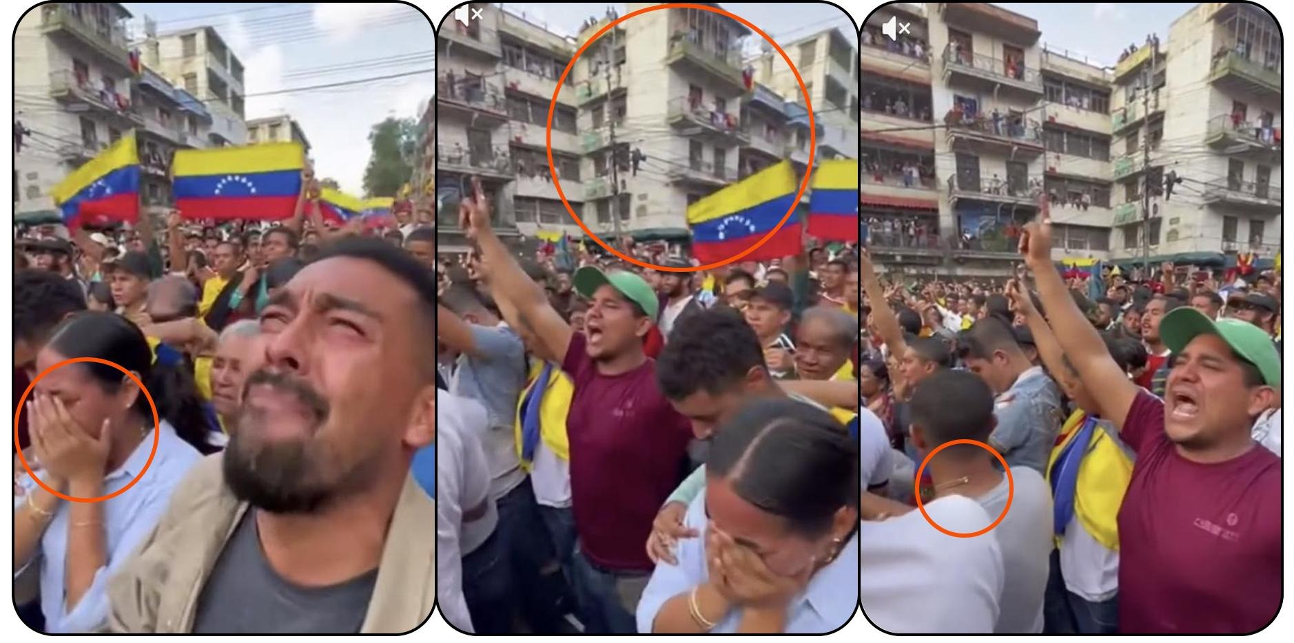 A imagem é composta por três quadros verticais lado a lado, separados por bordas arredondadas, todos mostrando uma grande aglomeração de pessoas em uma rua urbana. No fundo dos três quadros, há prédios residenciais de vários andares, com sacadas, janelas abertas e pessoas observando a cena de cima. No quadro da esquerda, em primeiro plano, há um homem com barba e bigode, usando camiseta escura e um casaco claro aberto. Ele está com a cabeça inclinada para cima. Ao lado dele, uma mulher cobre o rosto com as mãos. Atrás deles, uma multidão segura bandeiras da Venezuela. Um círculo laranja destaca as mãos da mulher, com os dedos deformados. No quadro central, a multidão aparece mais ampla. Um homem usando boné verde e camiseta vinho levanta um dos braços, enquanto outras pessoas ao redor também erguem as mãos. Bandeiras da Venezuela são visíveis acima das cabeças. Um círculo laranja destaca um prédio ao fundo, que está torto, inclinado para frente. No quadro da direita, a cena continua com a mesma multidão. O homem de camiseta vinho aparece novamente, com o braço erguido e a boca aberta. Outras pessoas estão ao redor, algumas com bandeiras sobre os ombros. Um círculo laranja destaca a parte de trás do pescoço de uma pessoa em primeiro plano, que mostra um colar incompleto. 