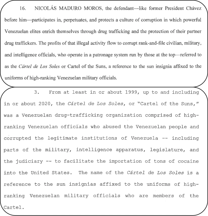 Imagem mostra uma página com trechos de texto em inglês, organizados em dois blocos principais numerados. No bloco superior, há um parágrafo identificado com o número ‘16.’ que menciona ‘Nicolás Maduro Moros’ e descreve alegações relacionadas a corrupção, tráfico de drogas e a um grupo chamado ‘Cártel de Los Soles’, com referência a insígnias solares em uniformes militares venezuelanos. No bloco inferior, há um trecho identificado com o número ‘3.’ que descreve o ‘Cártel de Los Soles’, também chamado de ‘Cartel of the Suns’, como uma organização venezuelana de tráfico de drogas ativa entre cerca de 1999 e 2020, com menções a autoridades venezuelanas de alto escalão, instituições estatais e à importação de cocaína para os Estados Unidos; partes do texto aparecem em itálico e com acentuação gráfica em espanhol.