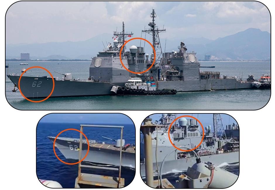 Comparativo reúne três imagens de uma embarcação militar de grande porte no mar, todas com marcações circulares em laranja destacando detalhes do navio