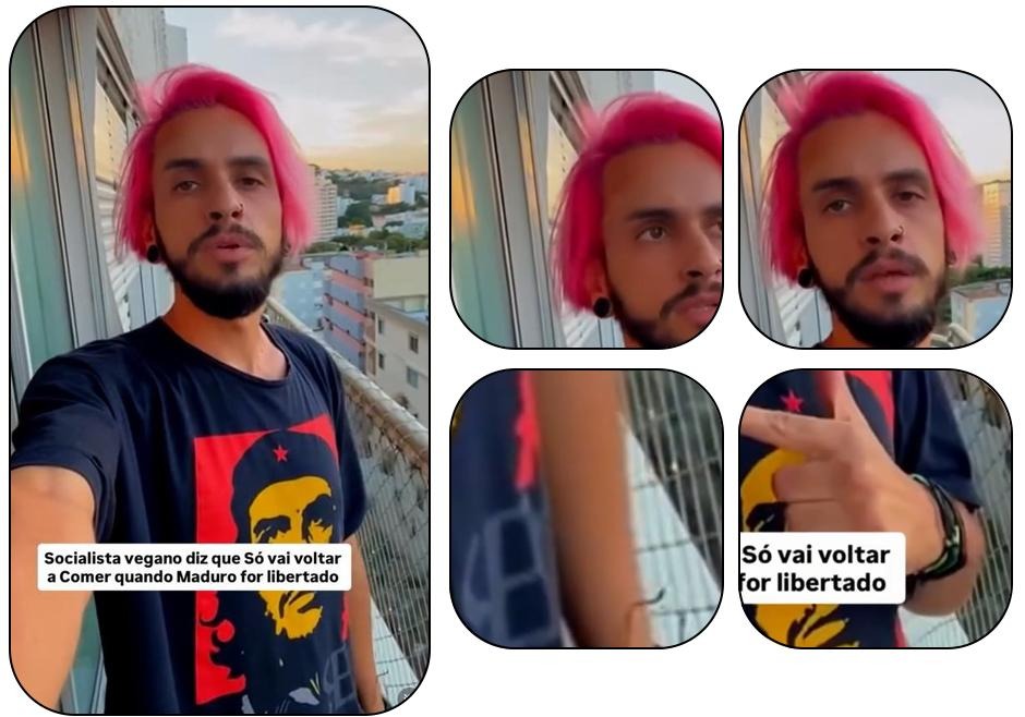 Imagem composta reúne cinco recortes de um mesmo vídeo mostrando indícios de que o homem jovem de pele morena, cabelo médio tingido de rosa e barba escura curta, que aparece nas imagens foi criado, na realidade, por IA.