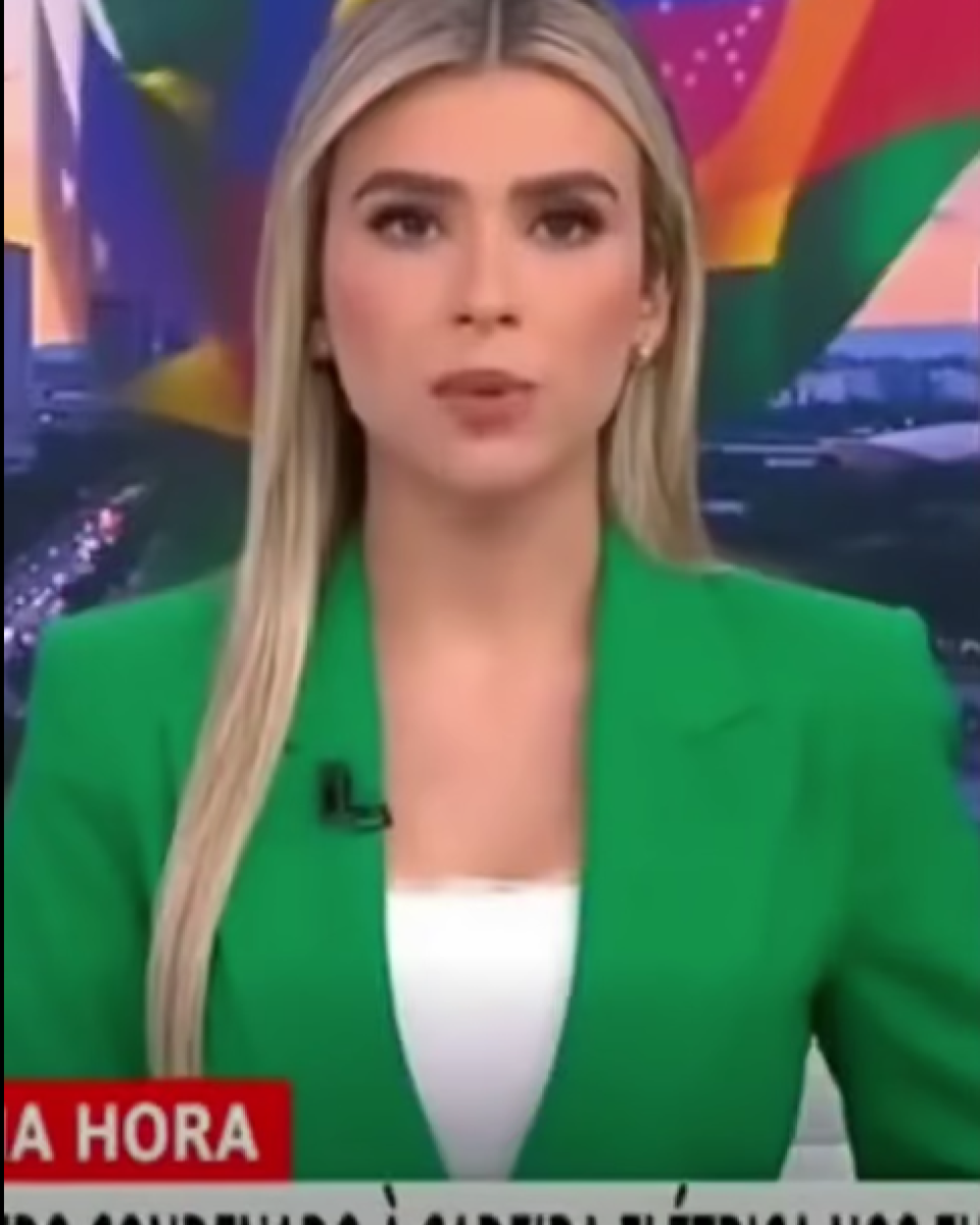 Imagem mostra suposta apresentadora de telejornal em estúdio — mulher jovem de pele clara, cabelo longo loiro liso repartido ao meio, sobrancelhas marcadas e maquiagem discreta —, olhando diretamente para a câmera com expressão neutra. Ela veste blazer verde de corte reto sobre uma blusa branca, com um microfone de lapela preso à roupa. Ao fundo, há um cenário gráfico colorido com formas geométricas e a imagem desfocada de uma paisagem urbana.