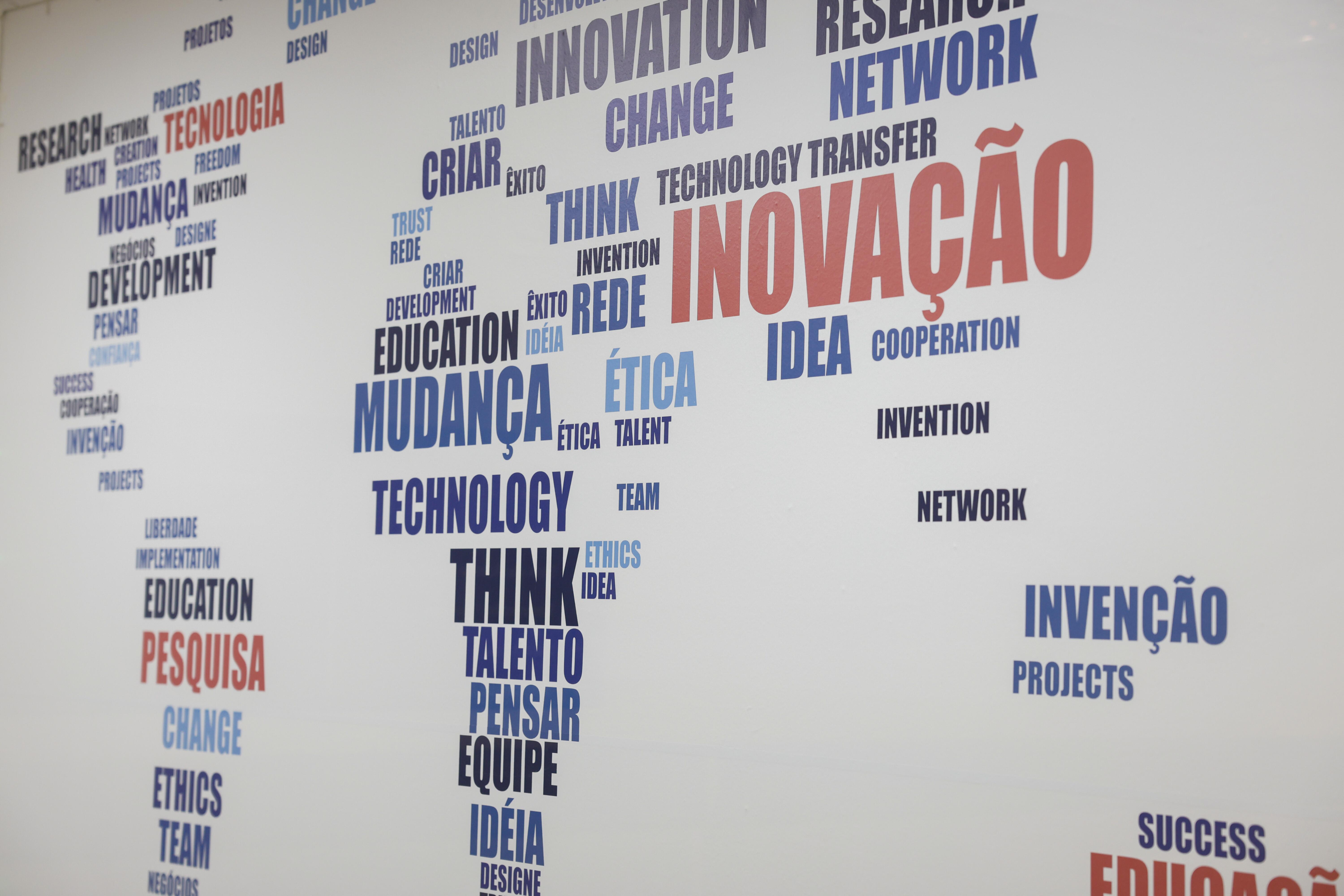 Imagem de uma parede branca coberta por palavras impressas em diferentes tamanhos, cores e orientações, formando uma composição tipográfica. As palavras aparecem principalmente em azul, vermelho e preto. Em destaque, à direita, está a palavra ‘INOVAÇÃO’ em letras grandes e vermelhas. Ao redor dela, há termos em português e inglês, como ‘RESEARCH’, ‘NETWORK’, ‘TECHNOLOGY TRANSFER’, ‘INNOVATION’, ‘CHANGE’, ‘IDEA’, ‘COOPERATION’, ‘INVENTION’ e ‘NETWORK’. Em outras áreas da parede aparecem palavras como ‘MUDANÇA’, ‘TECNOLOGIA’, ‘PESQUISA’, ‘EDUCATION’, ‘ÉTICA’, ‘THINK’, ‘TALENTO’, ‘PENSAR’, ‘EQUIPE’, ‘IDEIA’, ‘DESIGN’, ‘TEAM’, ‘ETHICS’, ‘PROJECTS’, ‘SUCCESS’ e ‘INVENCÃO’. As palavras estão distribuídas vertical e horizontalmente, algumas em colunas, outras isoladas, ocupando toda a superfície visível da parede.