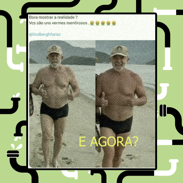 Imagem mostra uma montagem com duas fotografias lado a lado de Lula caminhando na areia da praia, visto de frente. Ele tem pele clara, barba branca curta, cabelo não visível por estar usando um boné e corpo robusto, vestindo apenas uma sunga escura. Em ambas as imagens, ele aparece com os braços flexionados e os polegares levantados. Ao fundo, há o mar, a faixa de areia e uma formação de terra ou morro distante sob céu claro. Na parte superior da imagem, há um texto em português que diz: ‘Bora mostrar a realidade? Vcs são uns vermes mentirosos’ seguido de emojis de rosto com vômito, além da menção ‘@lindberghfarias’. Na parte inferior, sobreposta às imagens, aparece a frase em letras amarelas: ‘E AGORA?’.