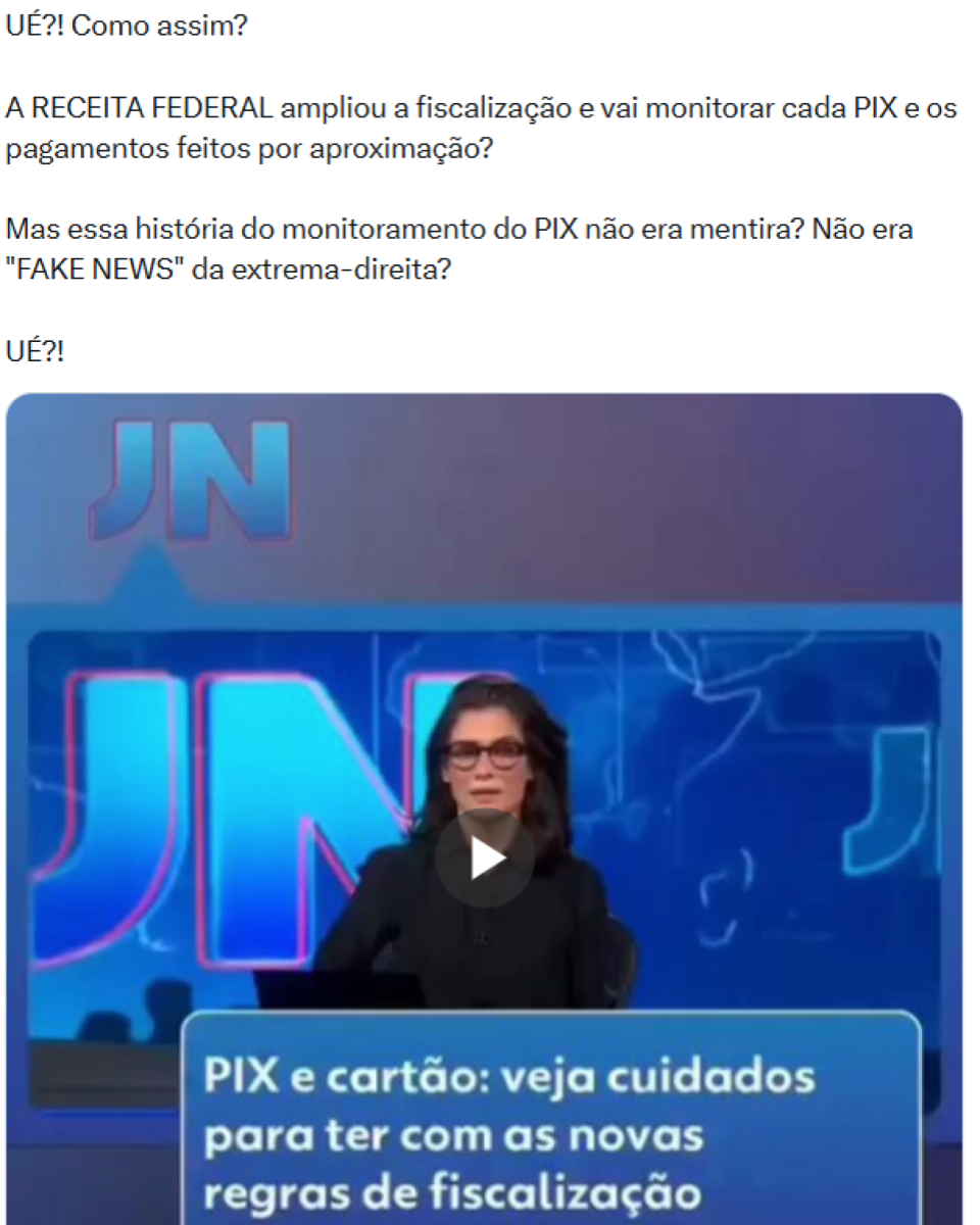 Post no X com texto na parte superior que questiona a atuação da Receita Federal sobre a fiscalização do Pix e pagamentos por aproximação. Abaixo, há um quadro de telejornal exibindo a jornalista Renata Vasconcellos — mulher de pele clara, cabelo médio escuro, usando óculos de armação escura e roupa preta, sentada atrás de uma bancada em estúdio. Ao fundo, aparece um cenário azul com o logotipo ‘JN’ e mapas estilizados. Na parte inferior da tela, há uma tarja azul com texto em letras brancas que diz ‘PIX e cartão: veja cuidados para ter com as novas regras de fiscalização’